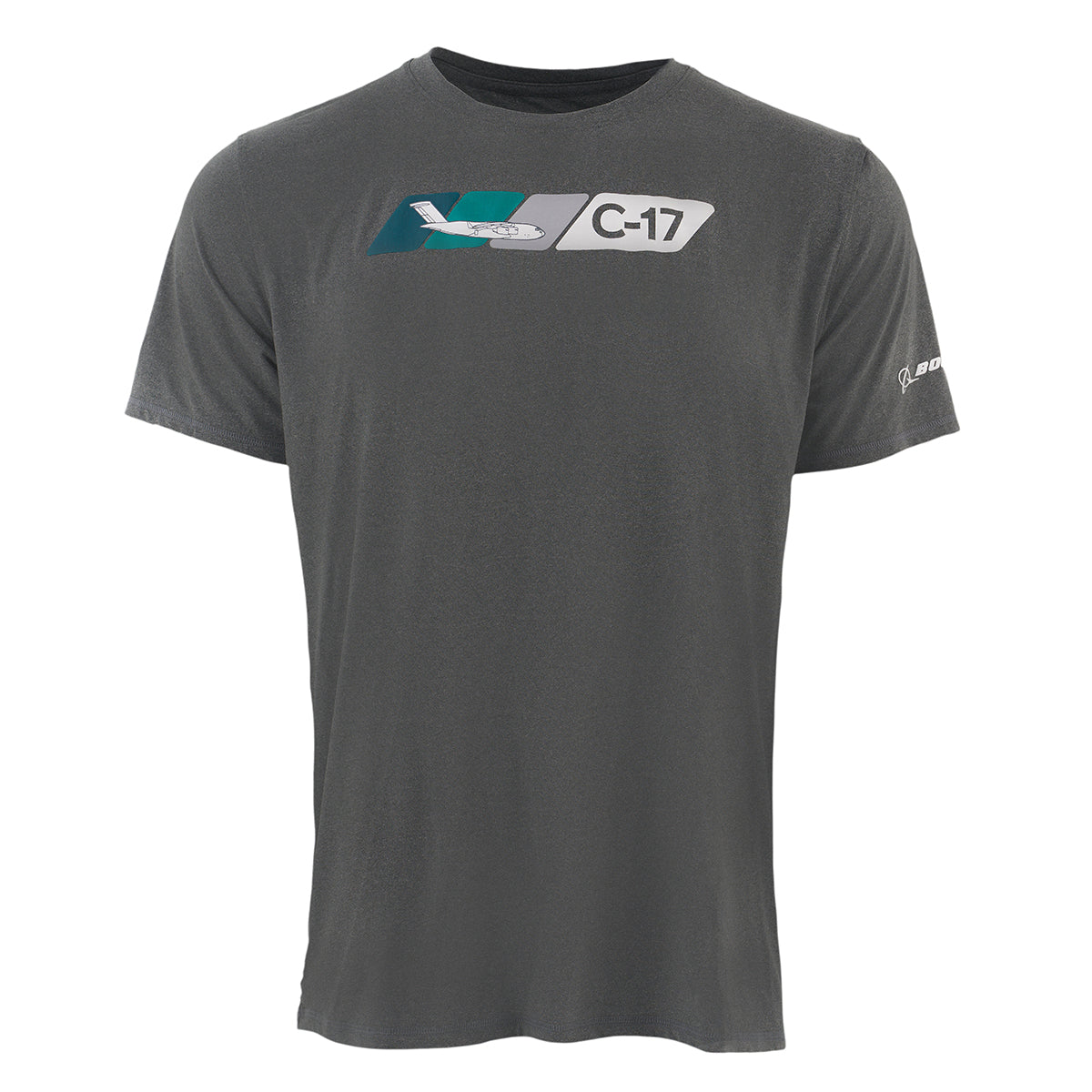 The Boeing C-17 Globemaster Velocity Unisex Tech Stretch T-Shirt by BOEING features an athletic fit, graphic C-17 and teal/gray shapes with “C-17” text on the chest, a Boeing logo on the sleeve, and moisture-wicking fabric for comfort.