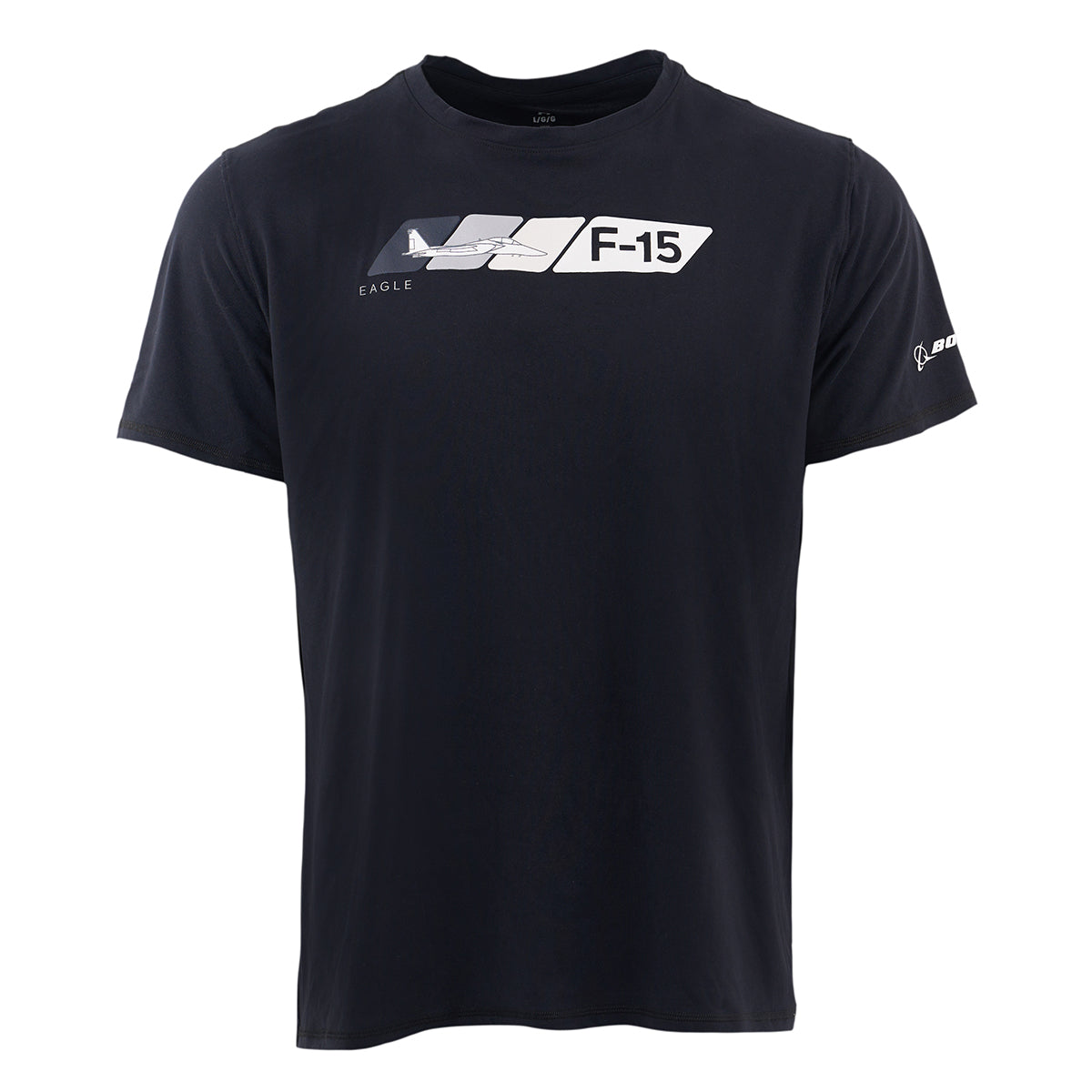 The BOEING F-15 Eagle Velocity Unisex Tech Stretch T-Shirt is a black athletic fit tee with a graphic of the F-15 Eagle, bold chest text, and a left sleeve logo, crafted from moisture-wicking fabric for all-day comfort.