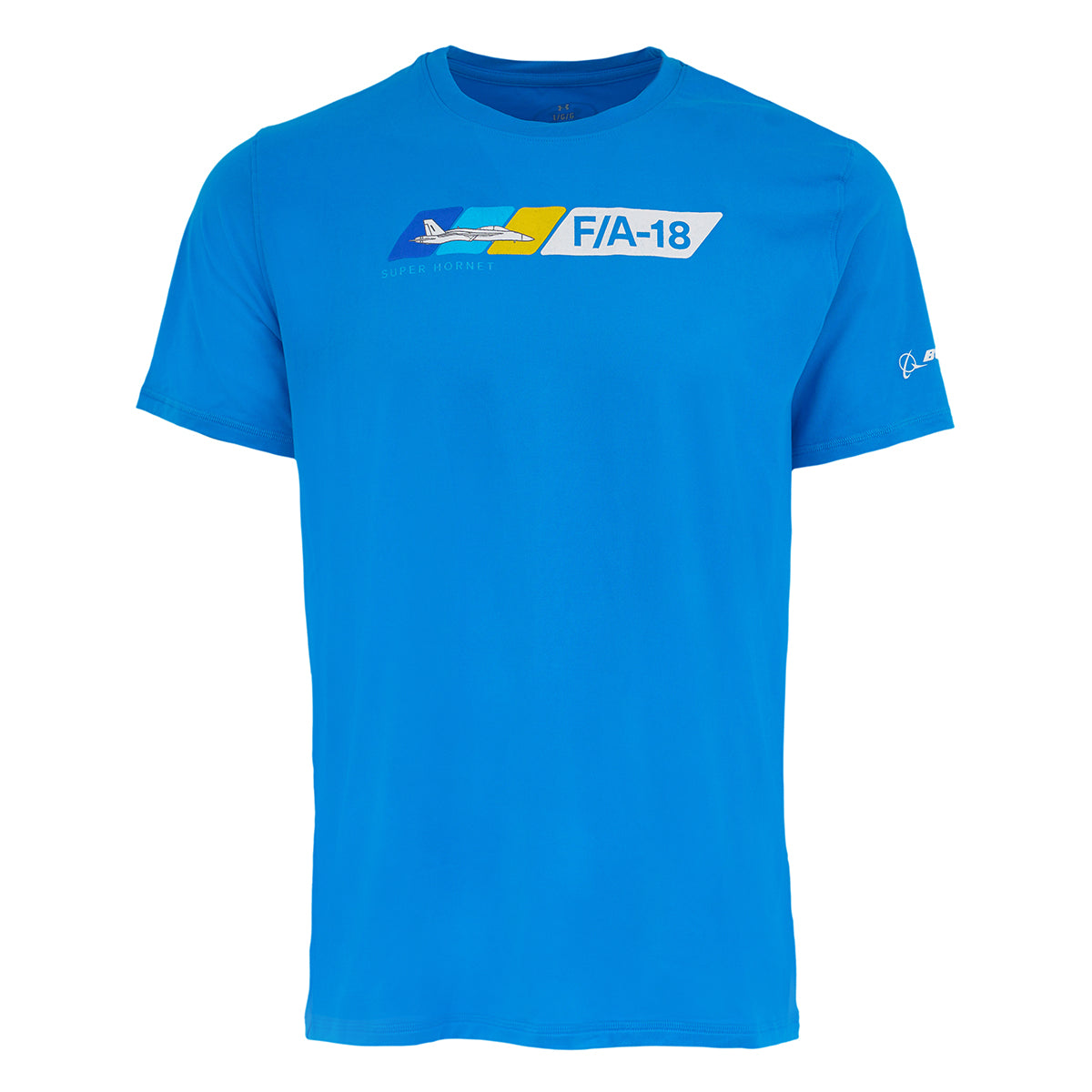 The BOEING F/A-18 Super Hornet Velocity Unisex Tech Stretch T-Shirt is a bright blue, moisture-wicking shirt with a stylized F/A-18 graphic, “F/A-18” text on the chest, and a small white logo on the left sleeve.