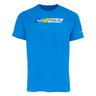 The BOEING F/A-18 Super Hornet Velocity Unisex Tech Stretch T-Shirt is a bright blue, moisture-wicking shirt with a stylized F/A-18 graphic, “F/A-18” text on the chest, and a small white logo on the left sleeve.
