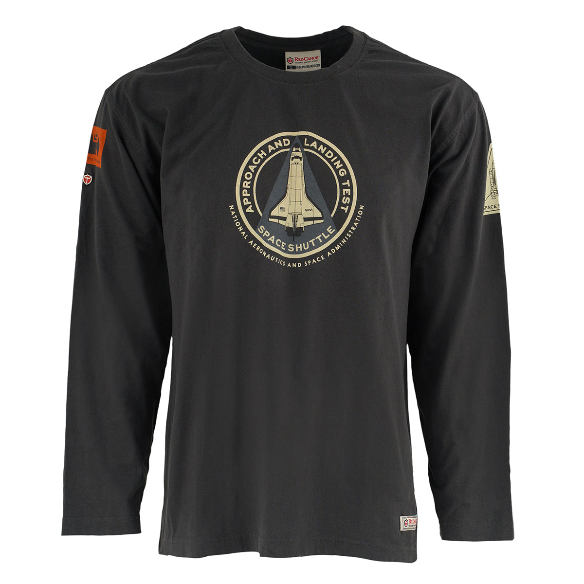 The BOEING Red Canoe Space Shuttle Mens Long Sleeve T-Shirt features chest and sleeve patch graphics honoring the Approach and Landing Test Space Shuttle—ideal NASA apparel for fans.