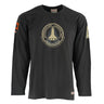 The BOEING Red Canoe Space Shuttle Mens Long Sleeve T-Shirt features chest and sleeve patch graphics honoring the Approach and Landing Test Space Shuttle—ideal NASA apparel for fans.
