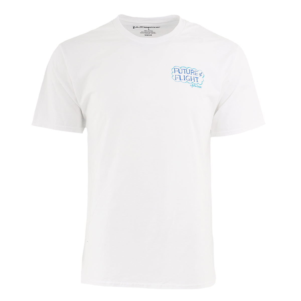 The Boeing Future of Flight Destination Unisex T-Shirt by BOEING is a plain white short-sleeve shirt featuring a small blue Future Flight graphic on the left chest, inspired by the Boeing Future of Flight experience.