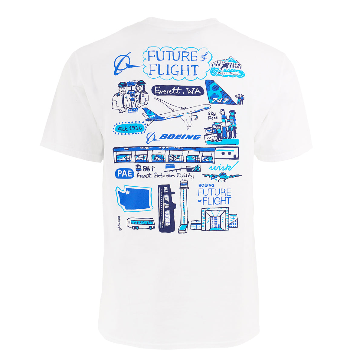The Boeing Future of Flight Destination Unisex T-Shirt by BOEING features a Julia Gash design on the back with blue airplanes, Boeing logos, an Everett map, and phrases like Boeing Future of Flight and Everett Production Facility.