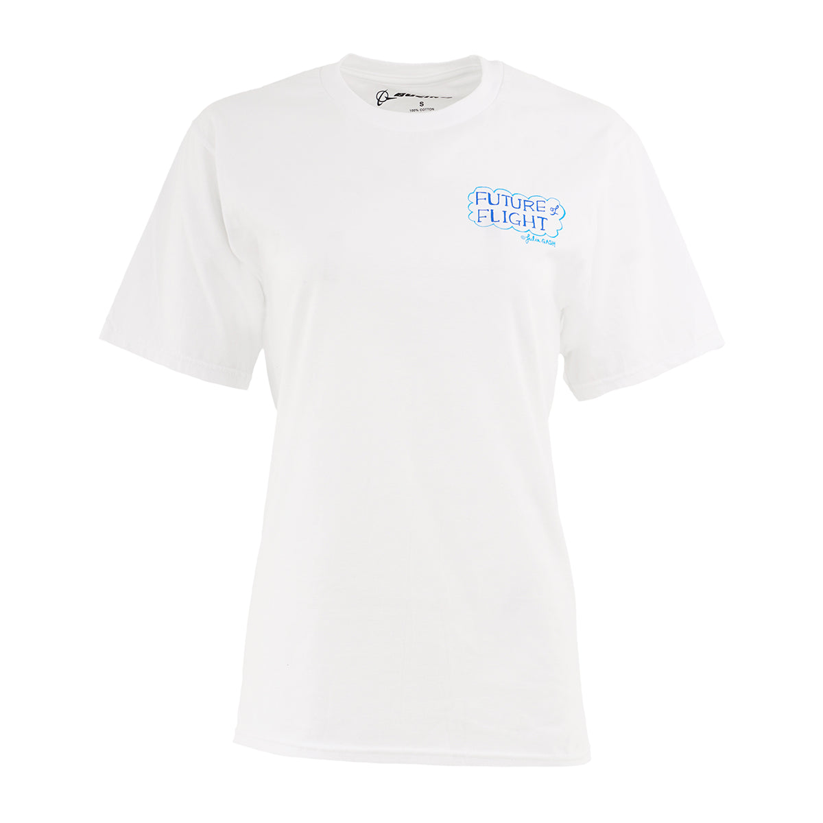 The Boeing Future of Flight Destination Unisex T-Shirt by BOEING is a plain white short-sleeve shirt featuring a small blue Future of Flight graphic and text on the upper left chest.