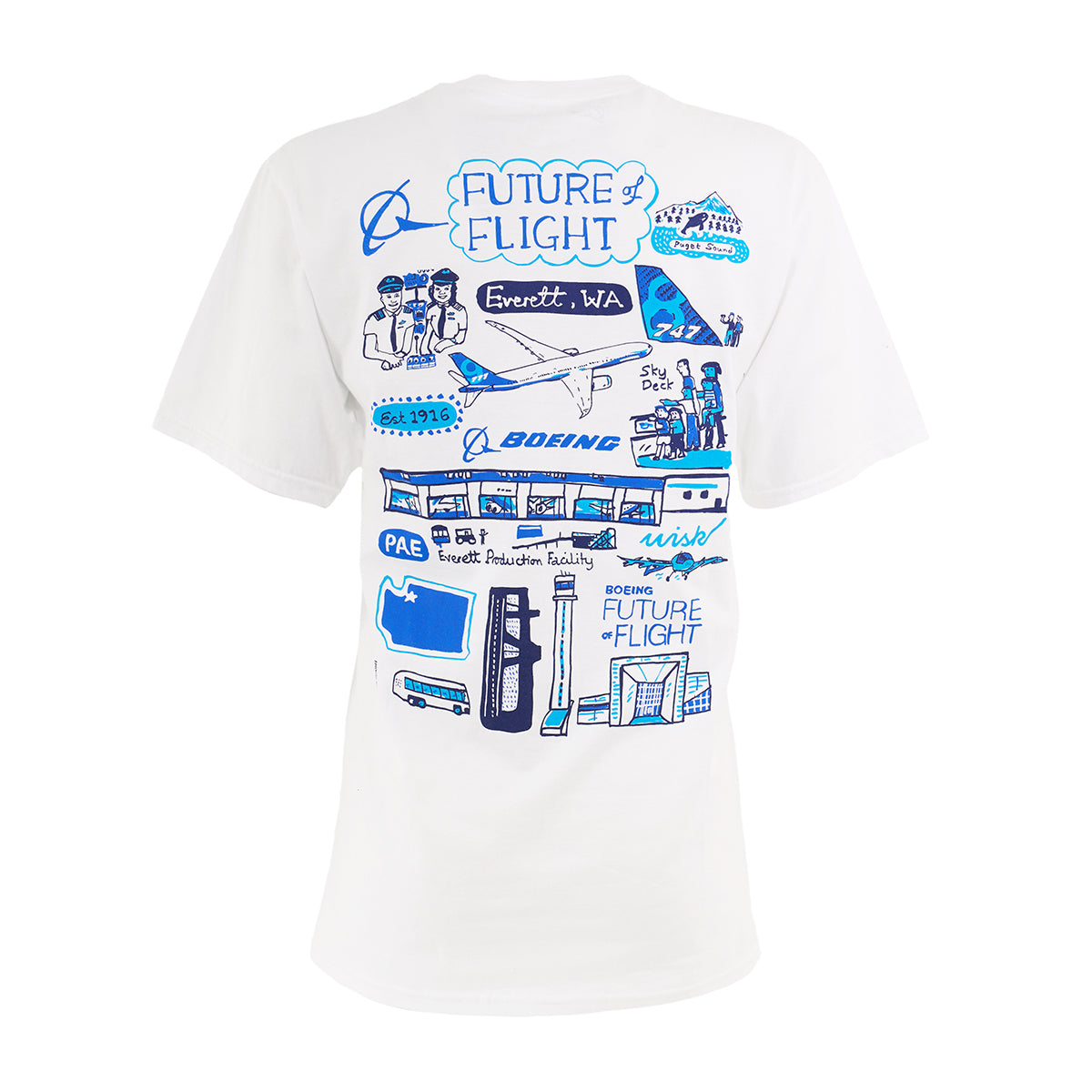 The Boeing Future of Flight Destination Unisex T-Shirt by BOEING features a blue and black Julia Gash design with a large airplane, people, buildings, Everett, WA, and the Boeing Future of Flight text on the back.