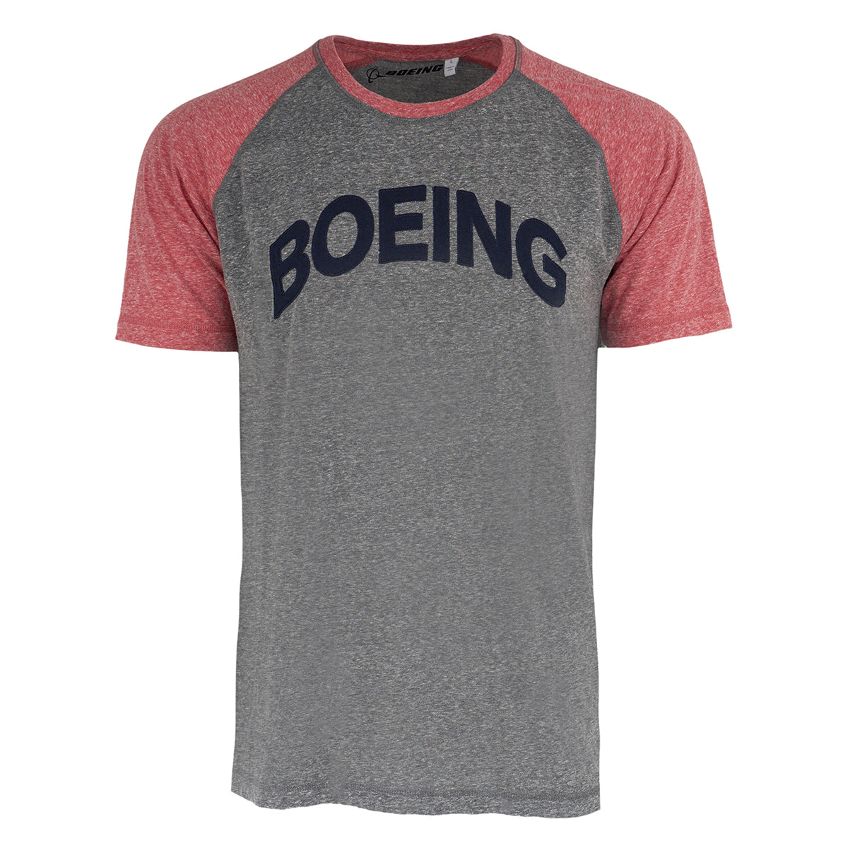 The Boeing Mens Jersey T-Shirt by BOEING features a sporty look with heathered red sleeves, a gray body, and BOEING printed in bold navy letters across the chest.