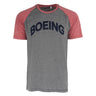 The Boeing Mens Jersey T-Shirt by BOEING features a sporty look with heathered red sleeves, a gray body, and BOEING printed in bold navy letters across the chest.