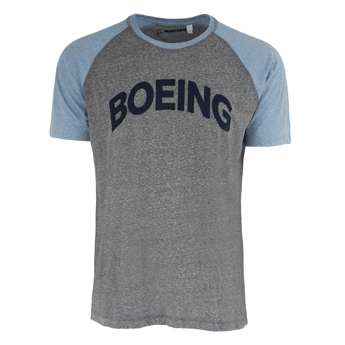 The Boeing Mens Jersey T-Shirt by BOEING features light blue sleeves, a heather gray body, and BOEING boldly printed in dark blue across the chest for a sporty look.