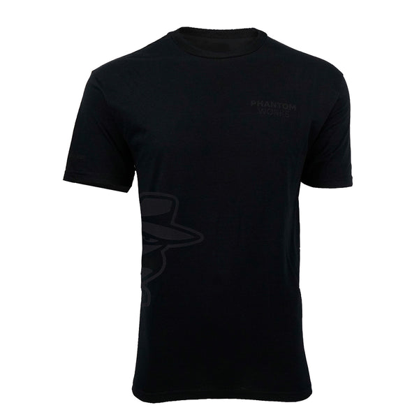 The Boeing Phantom Works 2025 Men’s T-Shirt by BOEING is a plain black tee with a subtle face-in-hat graphic on the lower left and faint "PHANTOM WORKS" text on the upper right, inspired by military aviation legends.