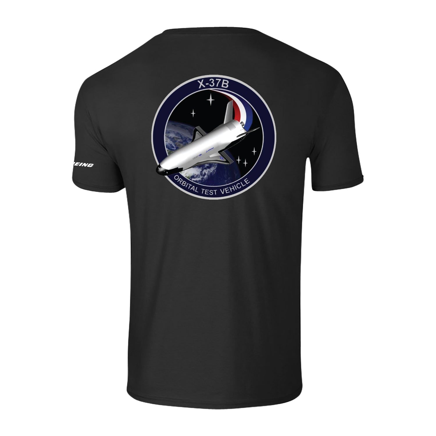 The Boeing X-37B Unisex T-Shirt by BOEING features a bold circular patch graphic on the back with the X-37B Orbital Test Vehicle, shuttle, Earth, and stars. "Boeing" is printed on the left sleeve—a nod to aerospace innovation.