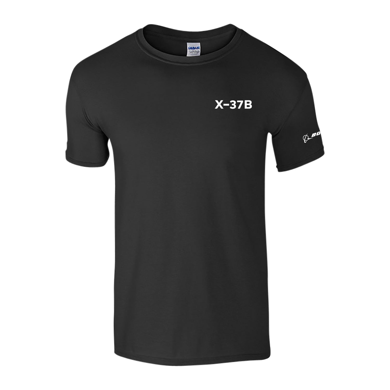 The Boeing X-37B Unisex T-Shirt by BOEING is a black short-sleeve tee featuring "X-37B" in white on the left chest and a small Boeing logo on the left sleeve.
