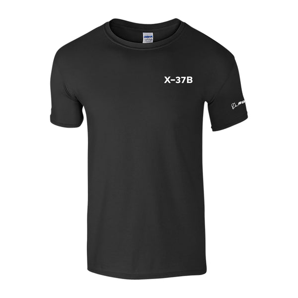 The Boeing X-37B Unisex T-Shirt by BOEING is a black short-sleeve tee featuring "X-37B" in white on the left chest and a small Boeing logo on the left sleeve.