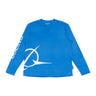 The Boeing Symbol Logo Men's UV Long Sleeve T-Shirt by BOEING features a blue design with a white Boeing logo on the front and "BOEING" in white along the left sleeve, displayed flat on a white background.