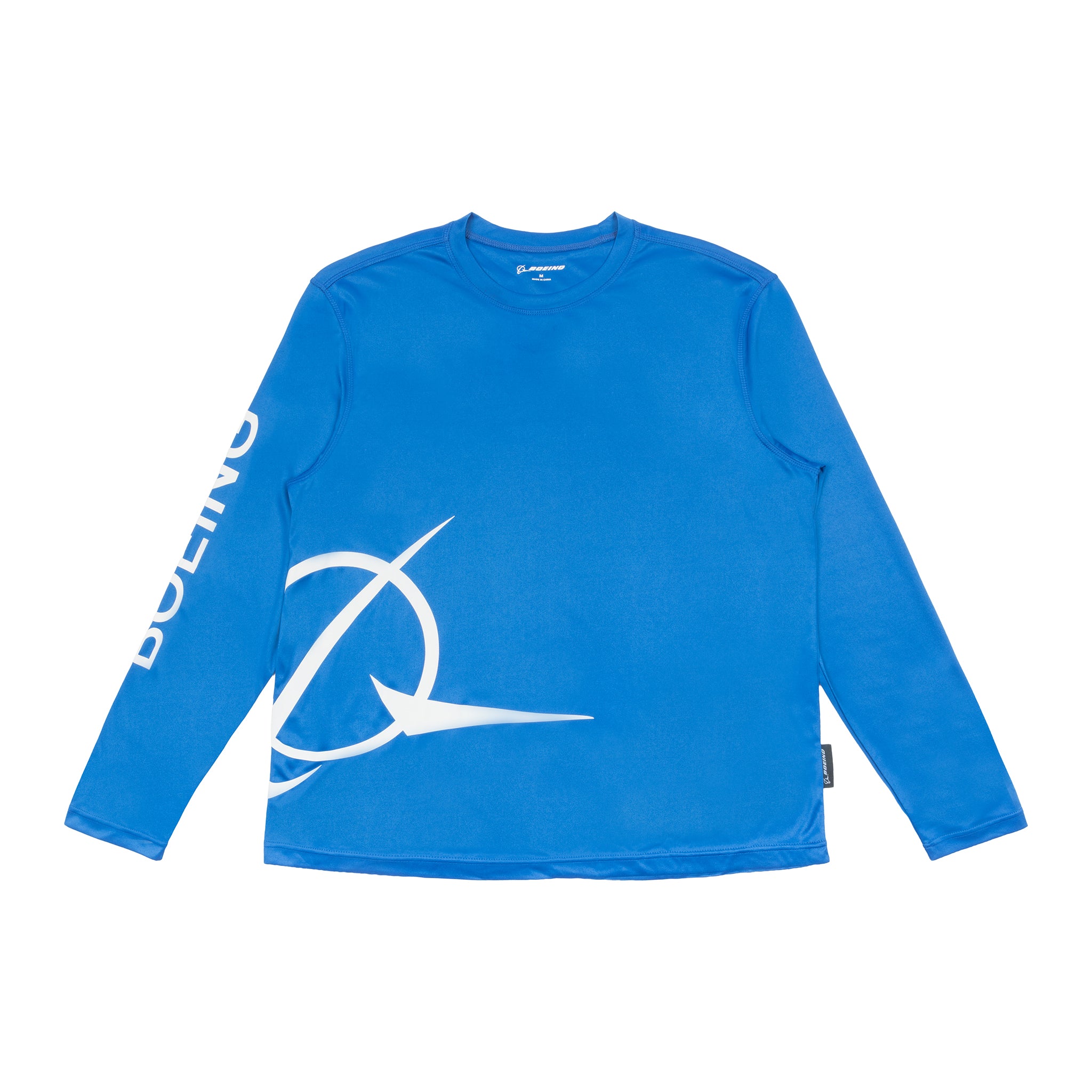 The Boeing Symbol Logo Men's UV Long Sleeve T-Shirt by BOEING features a blue design with a white Boeing logo on the front and "BOEING" in white along the left sleeve, displayed flat on a white background.