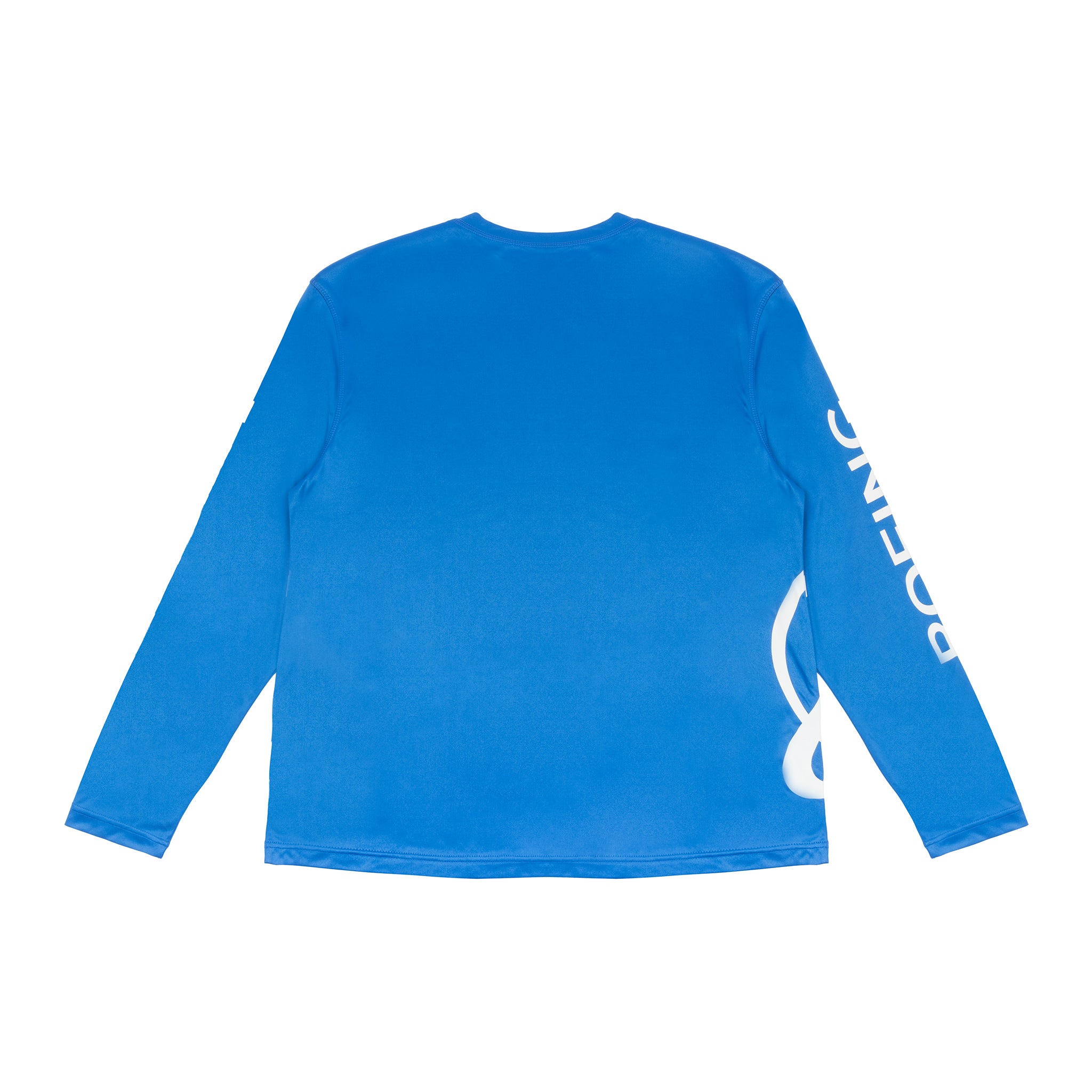 The Boeing Symbol Logo Men's UV Long Sleeve T-Shirt by BOEING is shown back-up, featuring "BOEING" in white along the right sleeve, a partial white logo on the lower right, quick-dry fabric, and UPF 50+ sun protection.