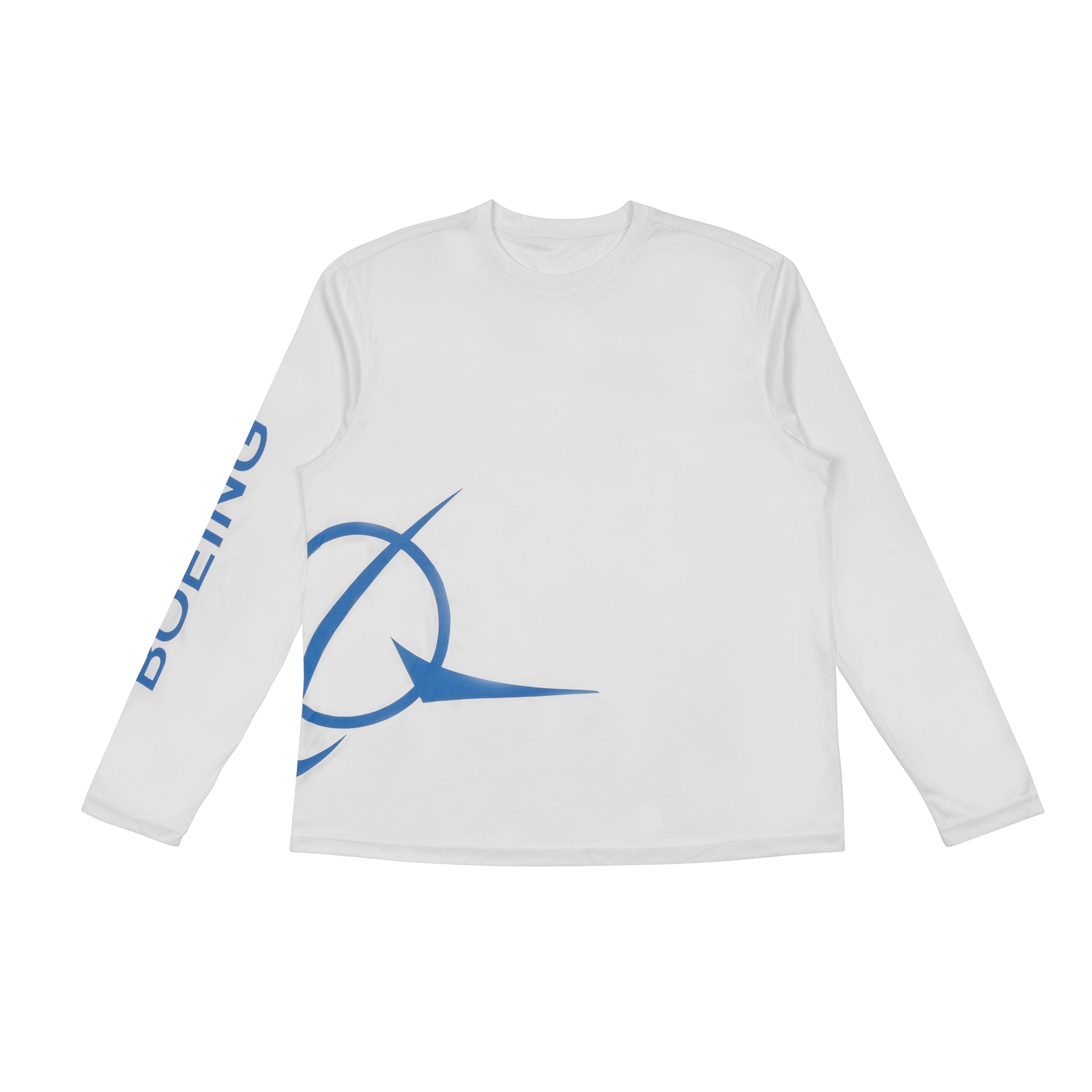 The Boeing Symbol Logo Men's UV Long Sleeve T-Shirt by BOEING features UPF 50+ protection, a blue Boeing logo on the left chest, and "BOEING" in blue down the right sleeve for all-day outdoor comfort.