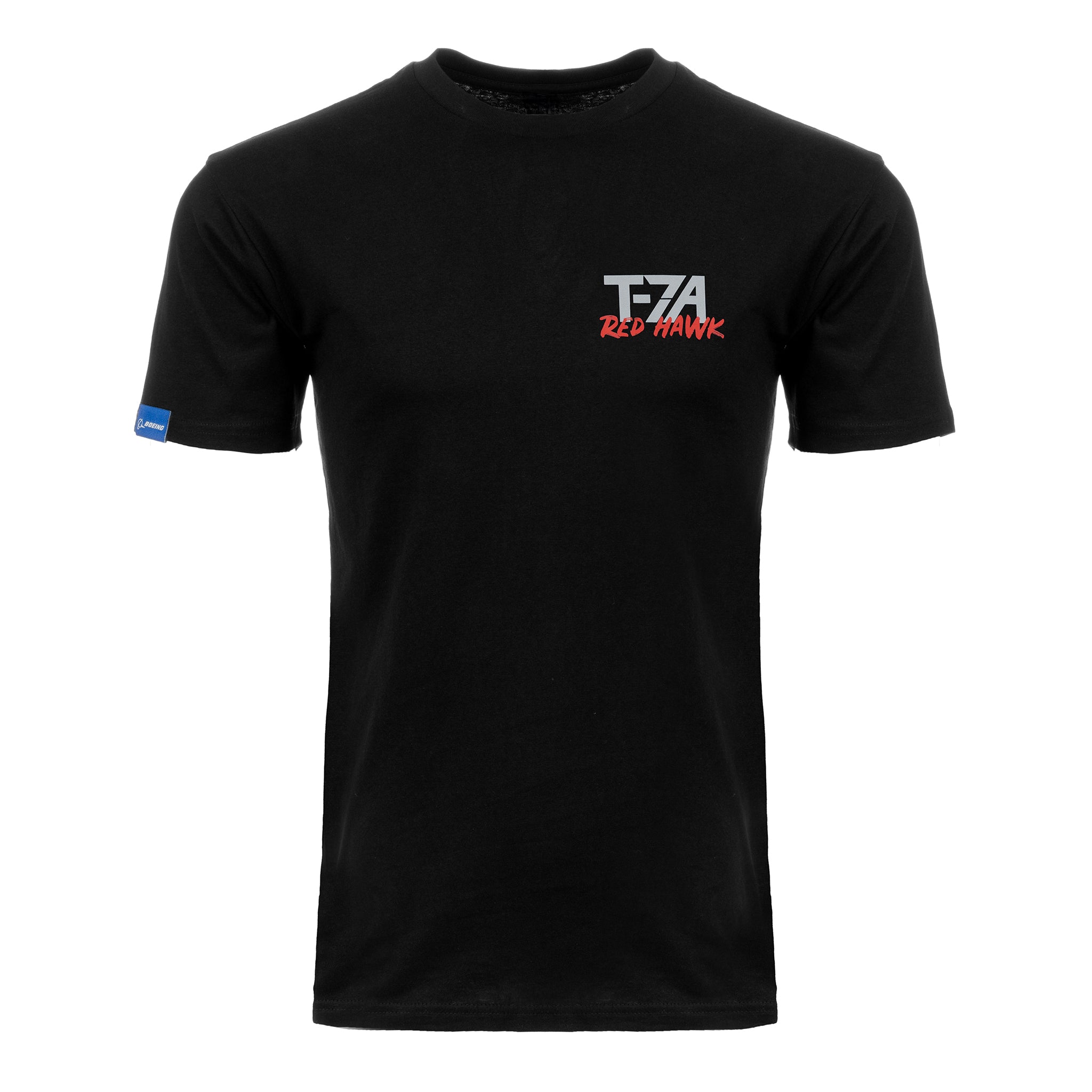 The BOEING T-7A Red Hawk Unisex Graphic T-Shirt is a black short-sleeve tee with a small white and red T-7A Red Hawk logo on the left chest and a blue tag on the left sleeve—ideal for aviation fans.