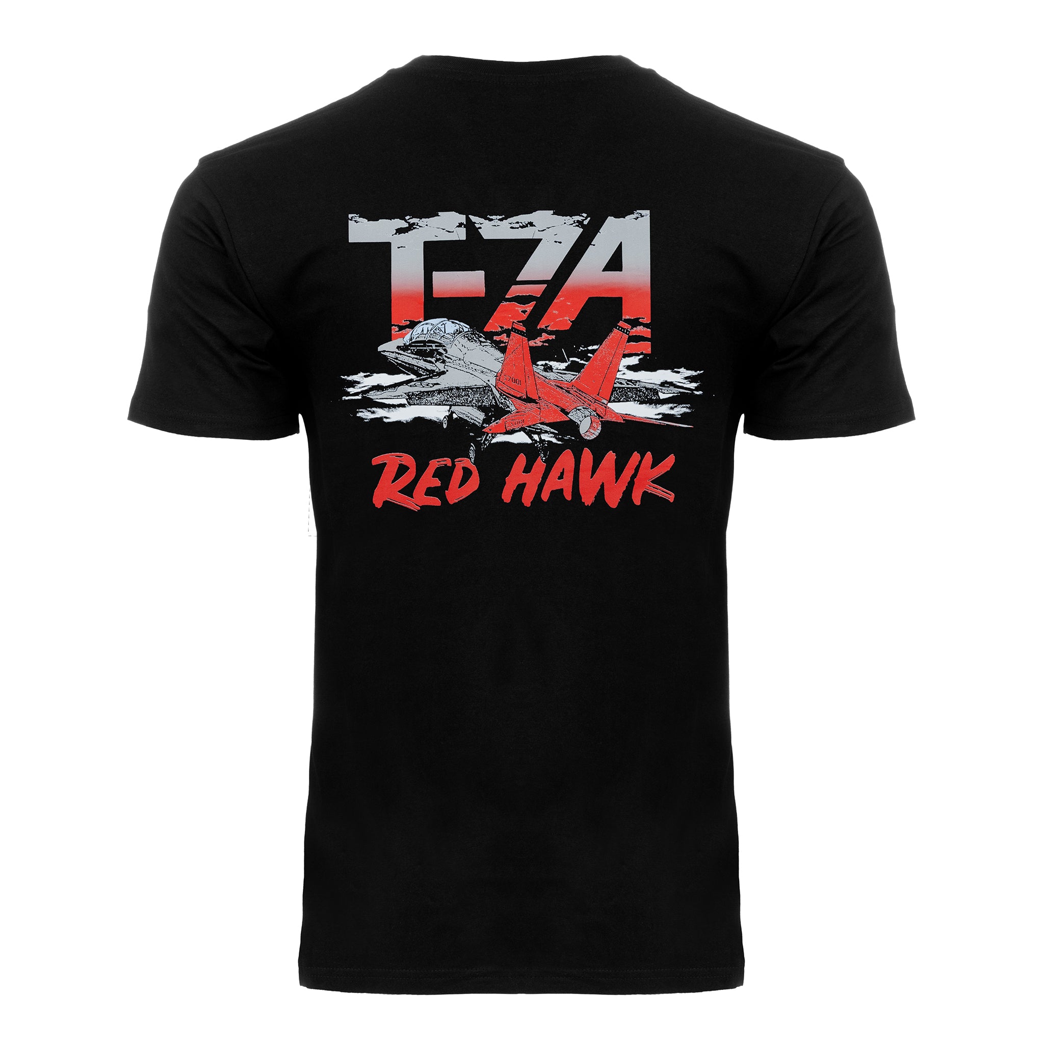 The Boeing T-7A Red Hawk Unisex Graphic T-Shirt by BOEING features a red airplane, clouds, hawk graphic, bold “TF-71” text in white, and “Red Hawk” in red—perfect for aviation enthusiasts and T-7A Red Hawk fans.