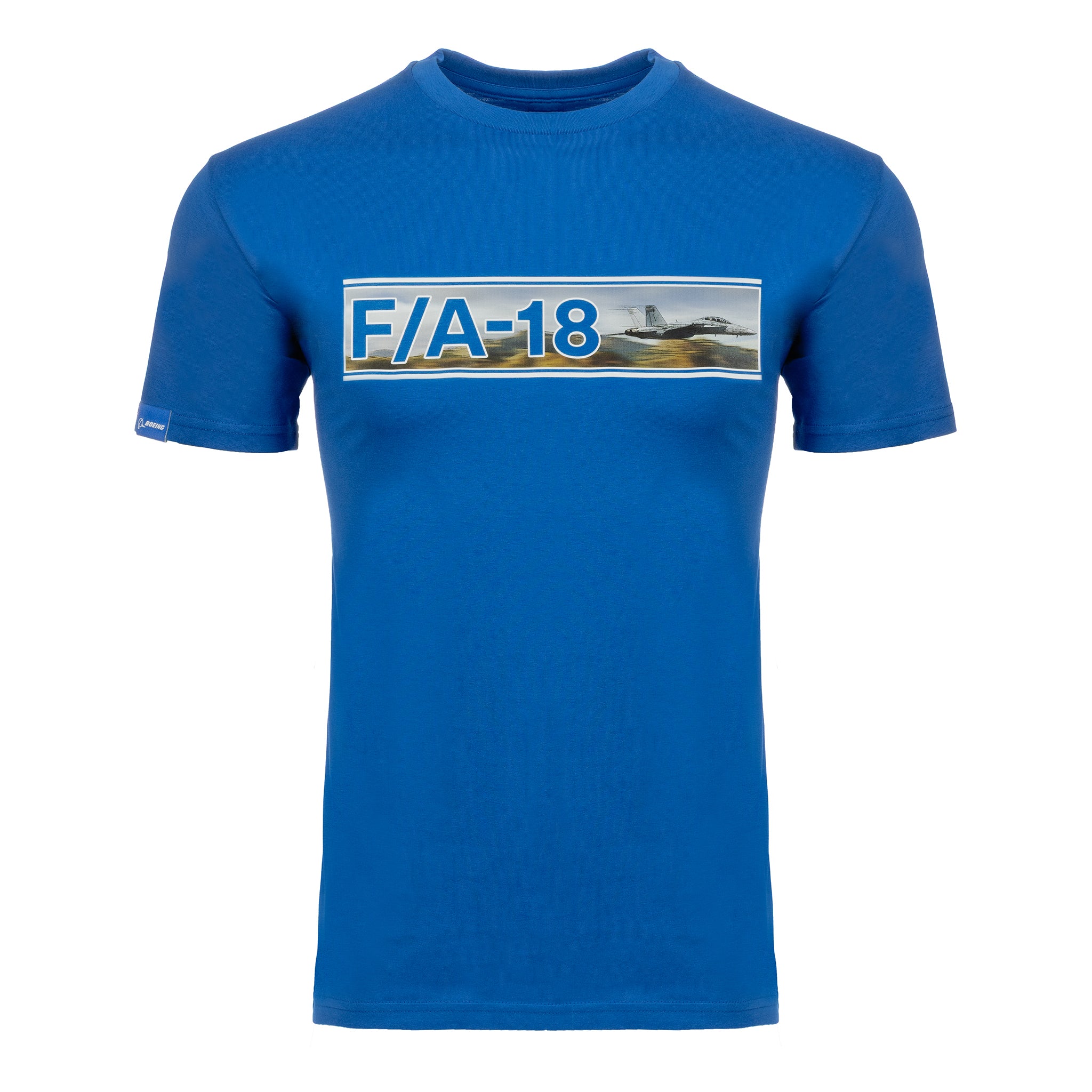 The BOEING F/A-18 Super Hornet Unisex Graphic T-Shirt features a blue design with a horizontal jet graphic and bold F/A-18 text across the chest.
