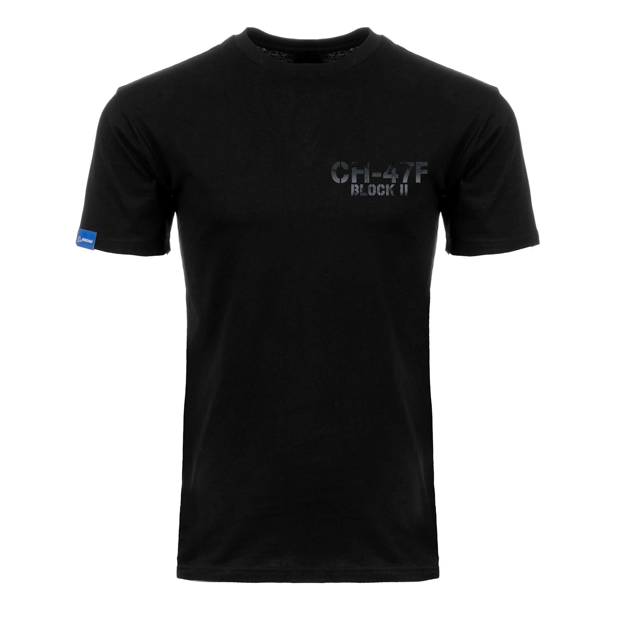 The Boeing CH-47F Block II Unisex Graphic T-Shirt by BOEING features "CH-47F BLOCK II" in dark gray on the left chest and a small blue tag on the sleeve—ideal apparel for aviation fans.