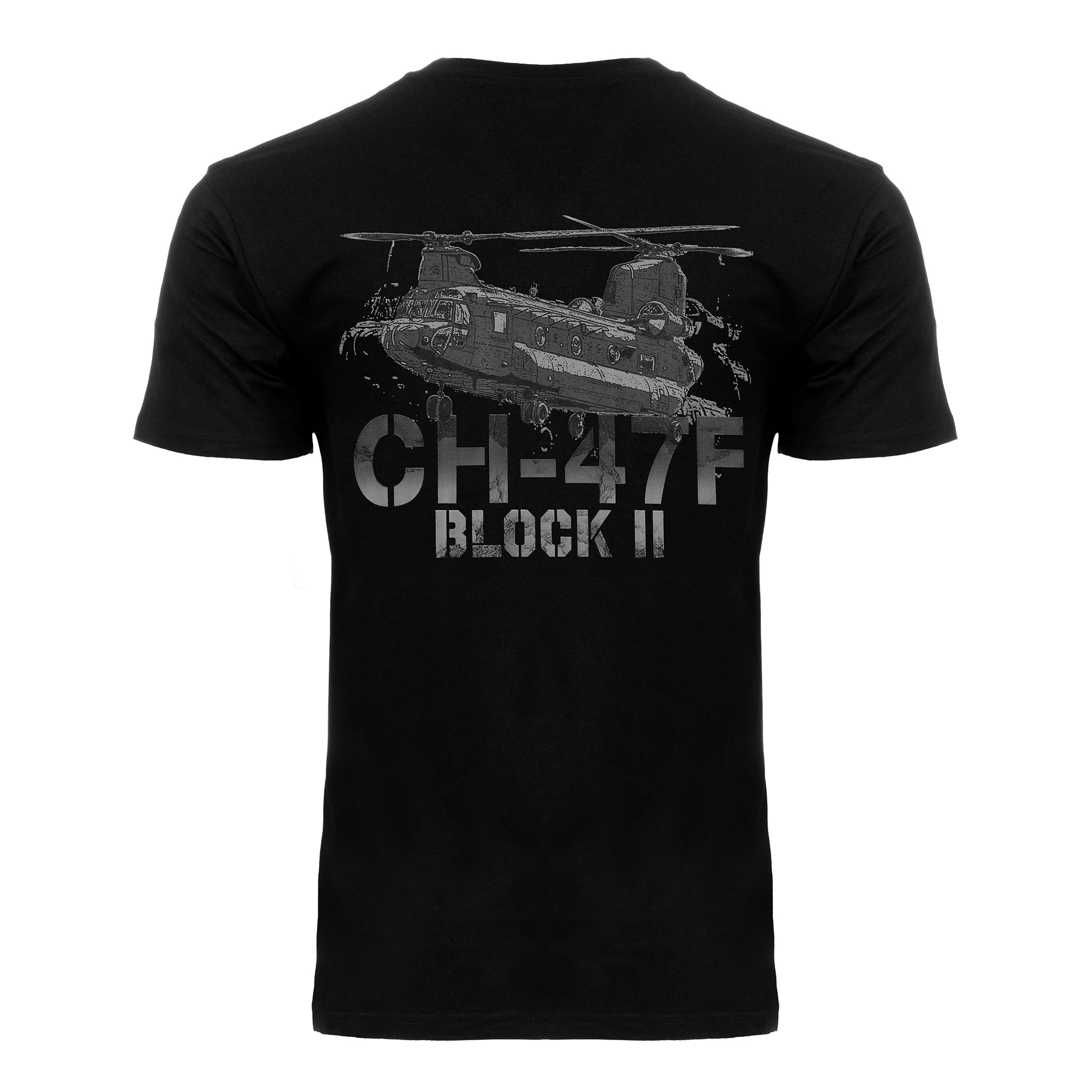 The Boeing CH-47F Block II Unisex Graphic T-Shirt by BOEING showcases a gray Chinook helicopter above bold "CH-47F BLOCK II" text—a great pick for aviation enthusiasts and Boeing fans.