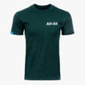 The Boeing AH-64 Apache Unisex Graphic T-Shirt by BOEING features a dark green color, short sleeves, white "AH-64" print on the left chest, and a small blue tag on the left sleeve. Ideal for aviation enthusiasts, shown on a plain white background.