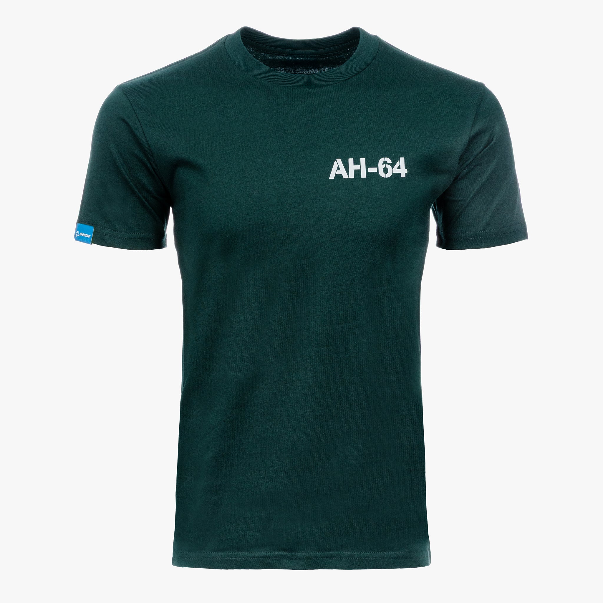 The Boeing AH-64 Apache Unisex Graphic T-Shirt by BOEING features a dark green color, short sleeves, white "AH-64" print on the left chest, and a small blue tag on the left sleeve. Ideal for aviation enthusiasts, shown on a plain white background.