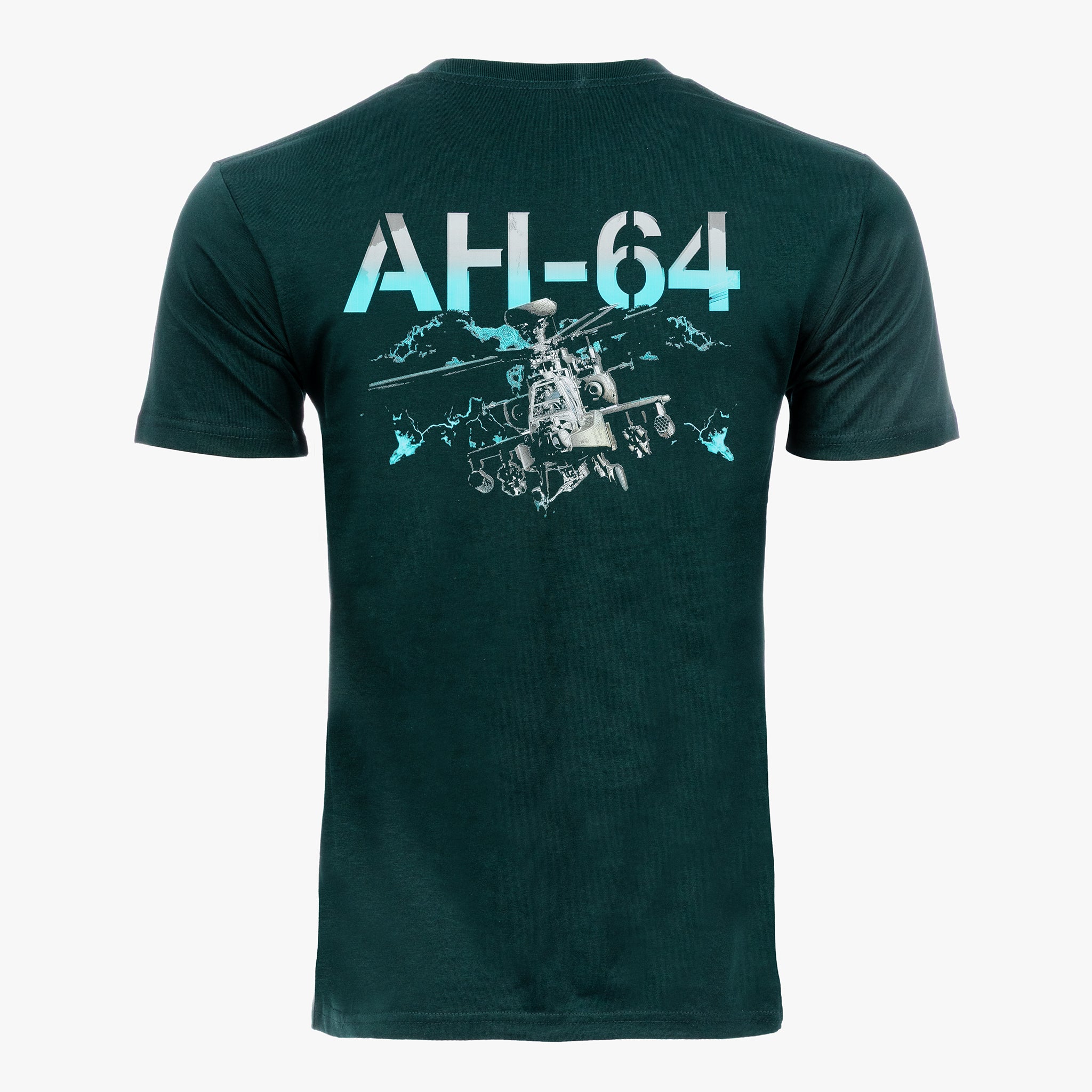 The BOEING AH-64 Apache Unisex Graphic T-Shirt features bold “AH-64” text above an attack helicopter and paratroopers on a blue sky backdrop—ideal for aviation fans and admirers of the iconic AH-64 Apache.