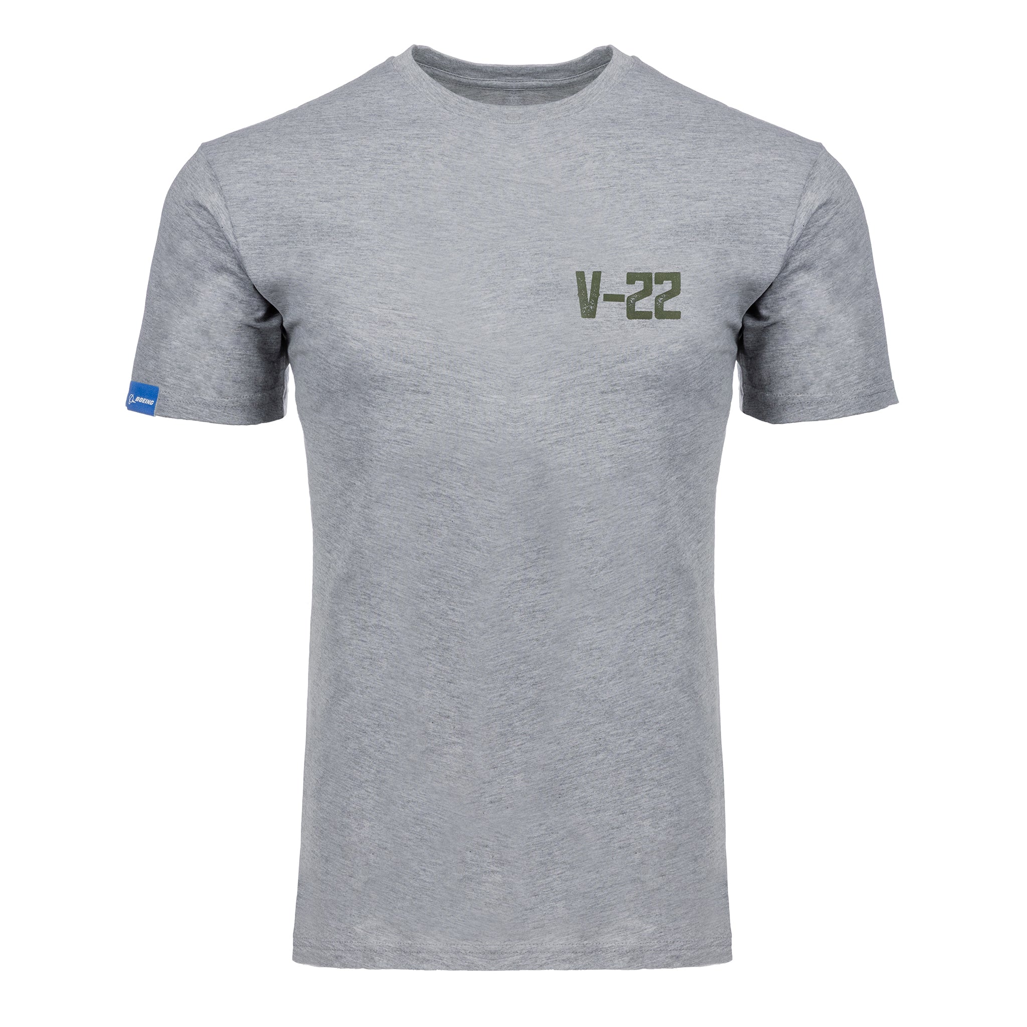 The Boeing V-22 Osprey Unisex Graphic T-Shirt by BOEING features a light gray, short-sleeve design with dark green "V-22" on the left chest and a small blue tag on the left sleeve, shown on a white background. Perfect for aviation fans.