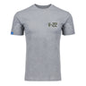 The Boeing V-22 Osprey Unisex Graphic T-Shirt by BOEING features a light gray, short-sleeve design with dark green "V-22" on the left chest and a small blue tag on the left sleeve, shown on a white background. Perfect for aviation fans.