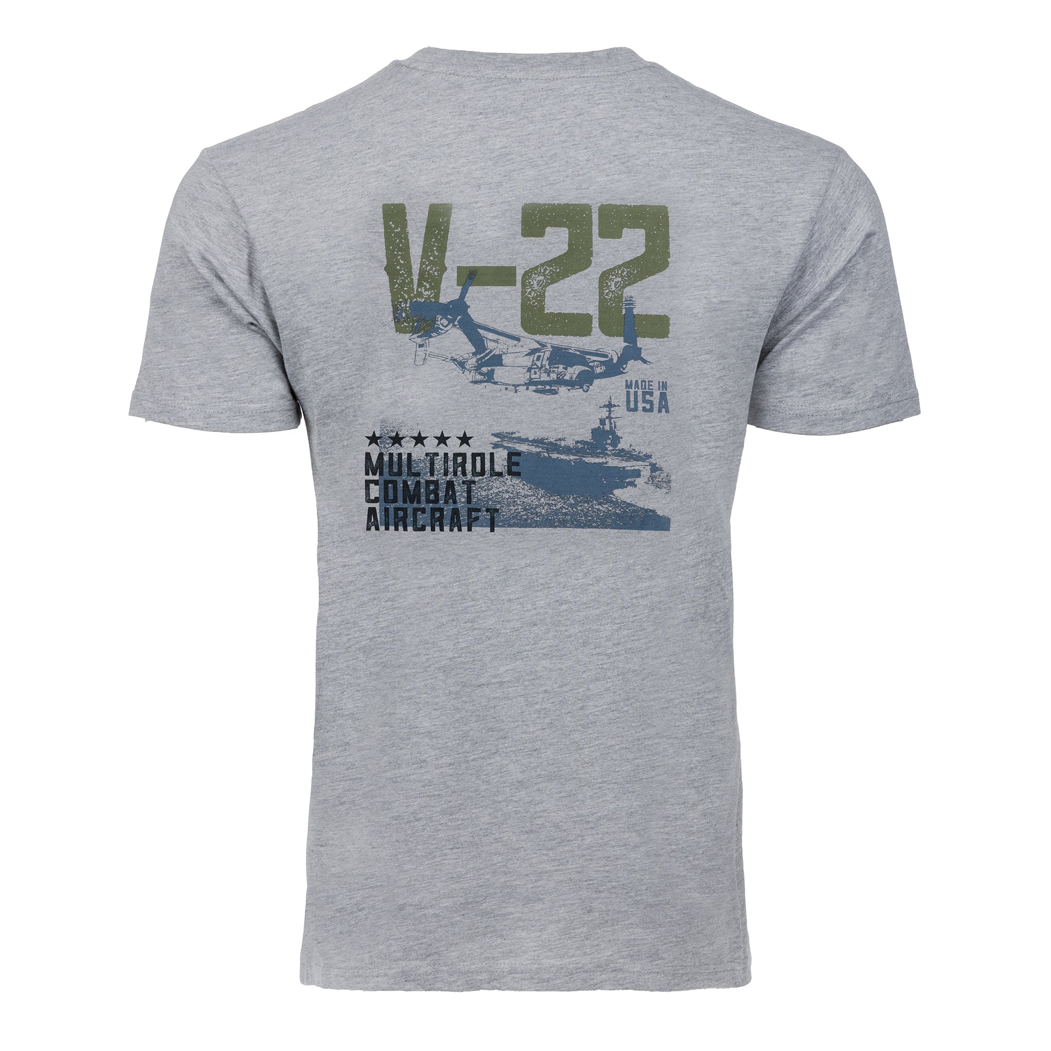 The Boeing V-22 Osprey Unisex Graphic T-Shirt by BOEING features a back graphic with the V-22 aircraft, “V-22,” “MULTIROLE COMBAT AIRCRAFT,” five stars, a U.S. Navy ship silhouette, and “MADE IN USA.”.