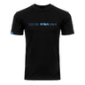 The Boeing CST-100 Starliner Unisex Graphic T-Shirt by BOEING features blue and white "CST-100 STARLINER" text on black, celebrating space exploration, and includes a small blue tag on the sleeve.