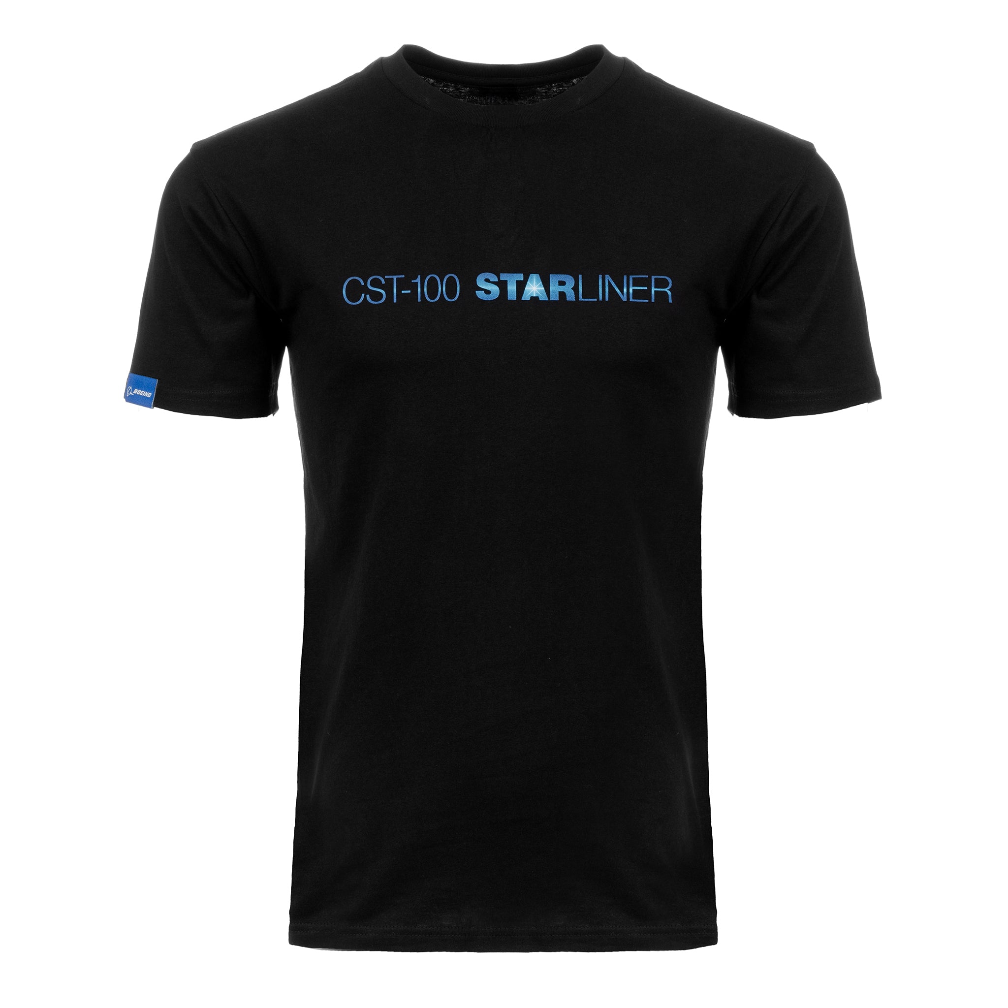 The Boeing CST-100 Starliner Unisex Graphic T-Shirt by BOEING features blue and white "CST-100 STARLINER" text on black, celebrating space exploration, and includes a small blue tag on the sleeve.