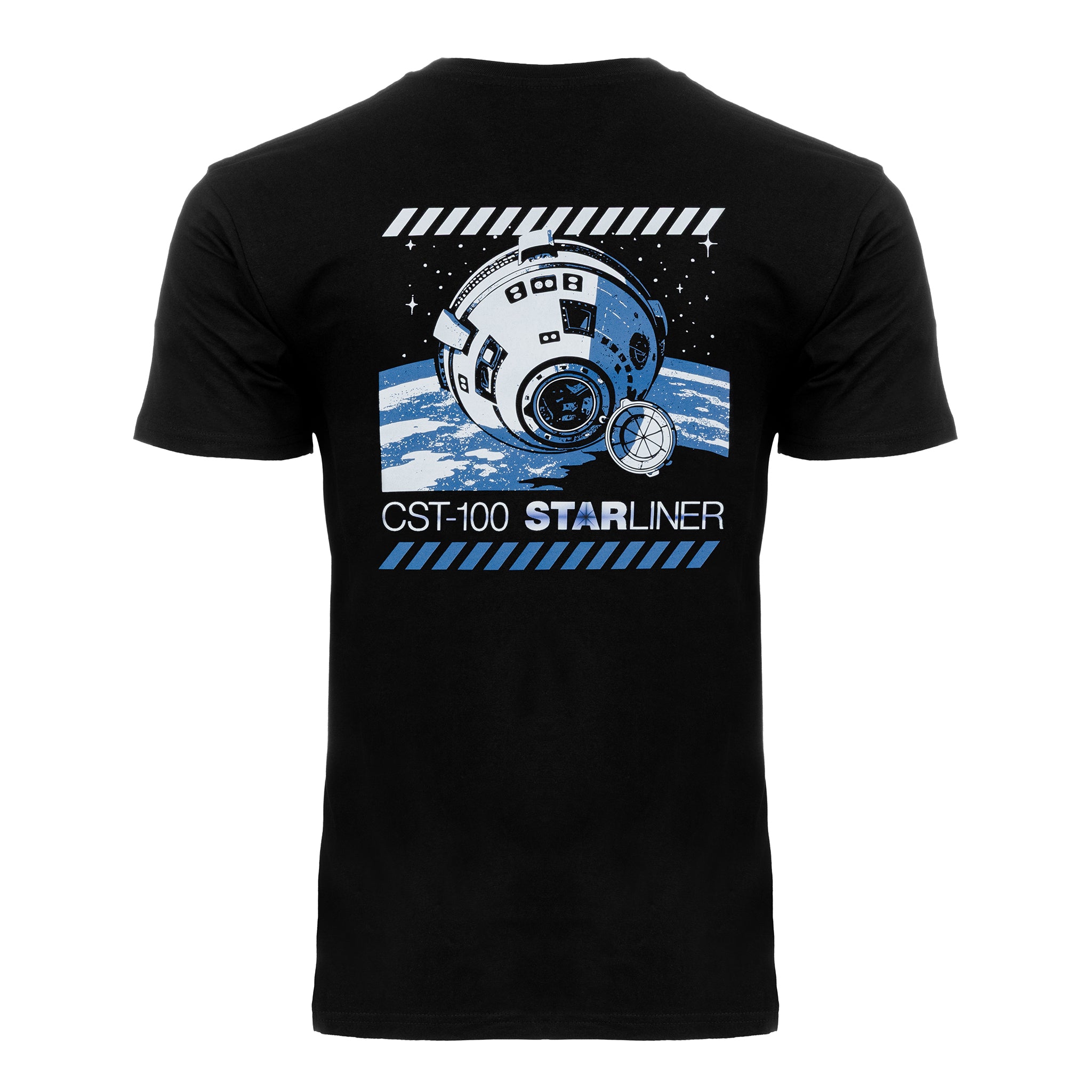 The BOEING CST-100 Starliner Unisex Graphic T-Shirt features an illustration of the Starliner above Earth with starry background and "CST-100 Starliner" text—ideal for space enthusiasts.