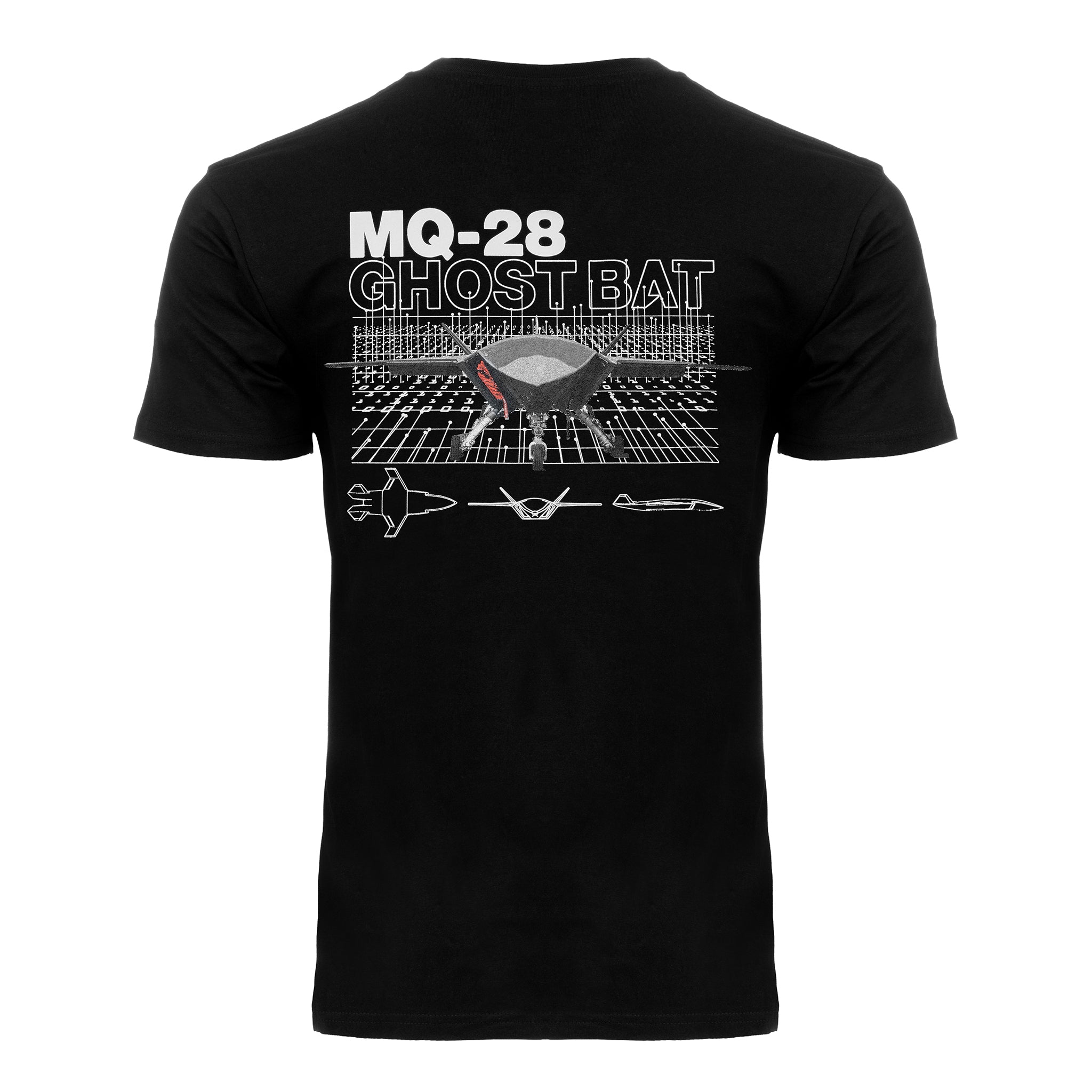 The BOEING MQ-28 Ghost Bat Unisex Graphic T-Shirt features “MQ-28 GHOST BAT” text, a stylized graphic of the Boeing drone on the front, and technical line drawings of aircraft on the back.