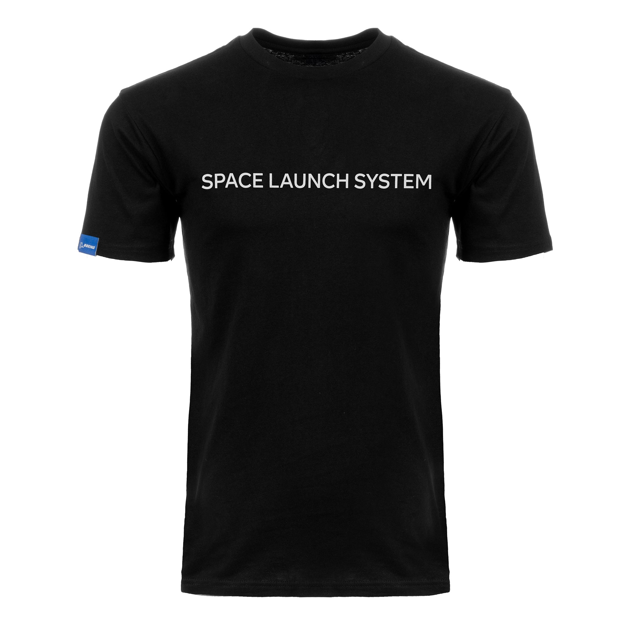 The BOEING SLS Artemis II Unisex Graphic T-Shirt features "SPACE LAUNCH SYSTEM" in white across the chest, ideal for space fans. A small blue tag accents the left sleeve.