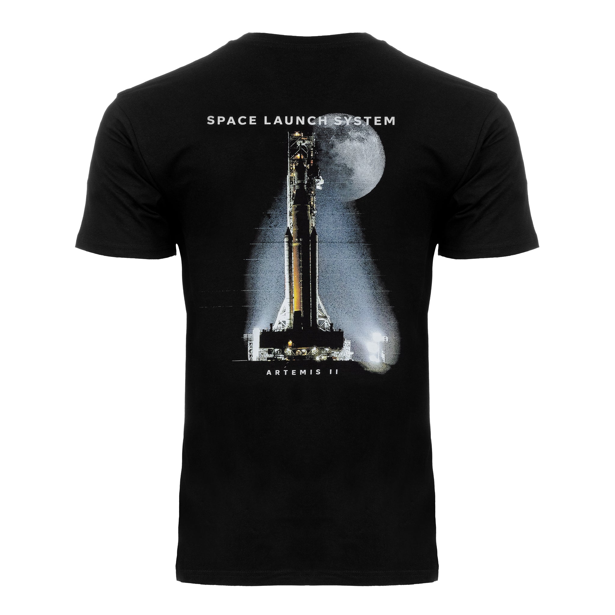 The BOEING SLS Artemis II Unisex Graphic T-Shirt showcases a bold rocket illustration with the moon backdrop, ideal for space enthusiasts and Boeing fans.