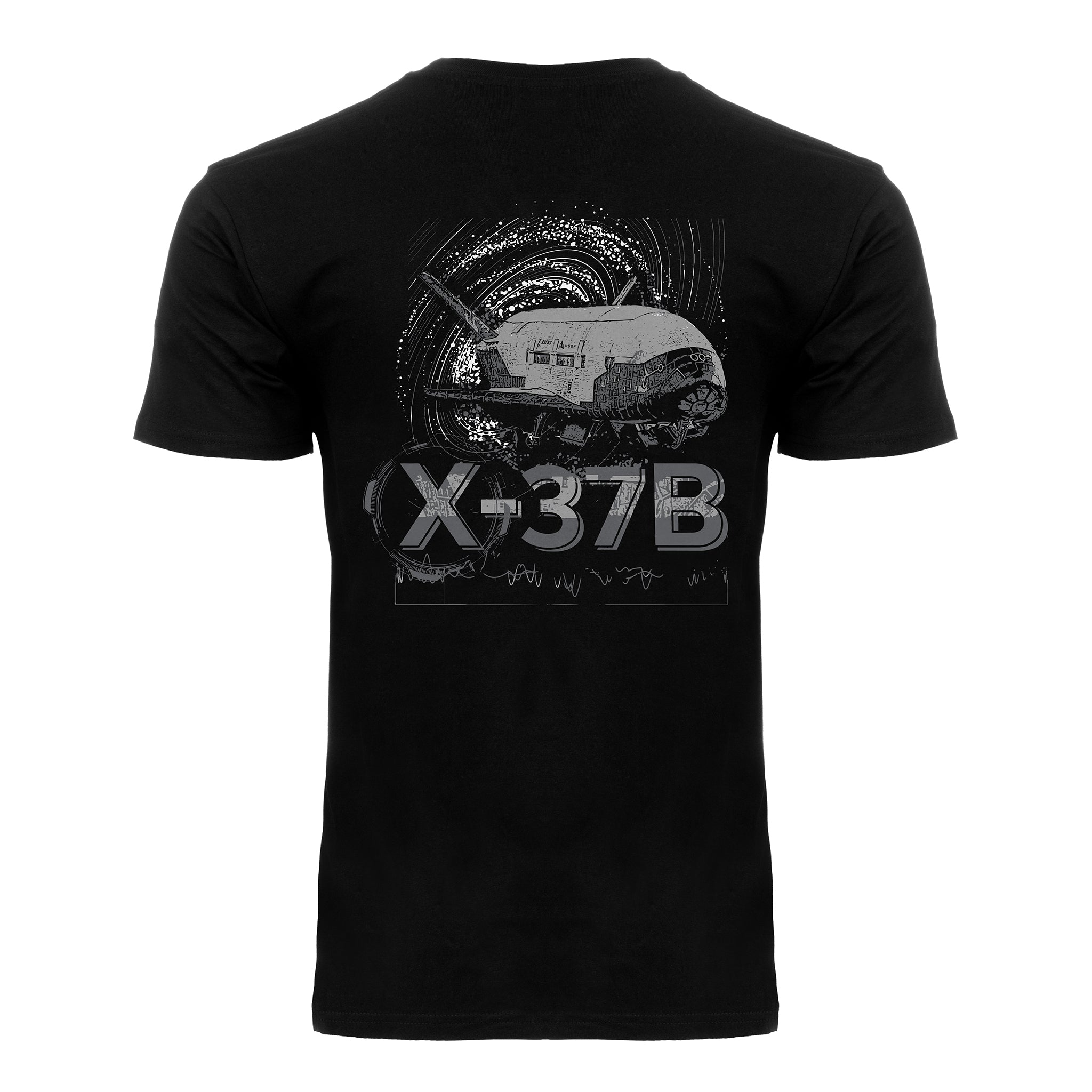 The Boeing X-37B Orbital Test Vehicle Unisex Graphic T-Shirt features the spaceplane above bold X-37B text with circular designs and white lines—perfect BOEING apparel for spaceflight shirt enthusiasts.