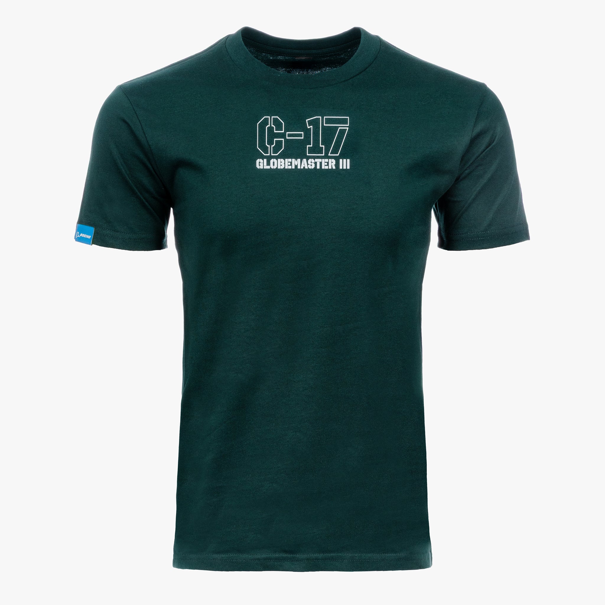 The BOEING C-17 Globemaster III Unisex Graphic T-Shirt is dark green with "C-17 GLOBEMASTER III" in white on the chest, inspired by the iconic aircraft, and features a small blue tag on the left sleeve. Displayed against a white background.