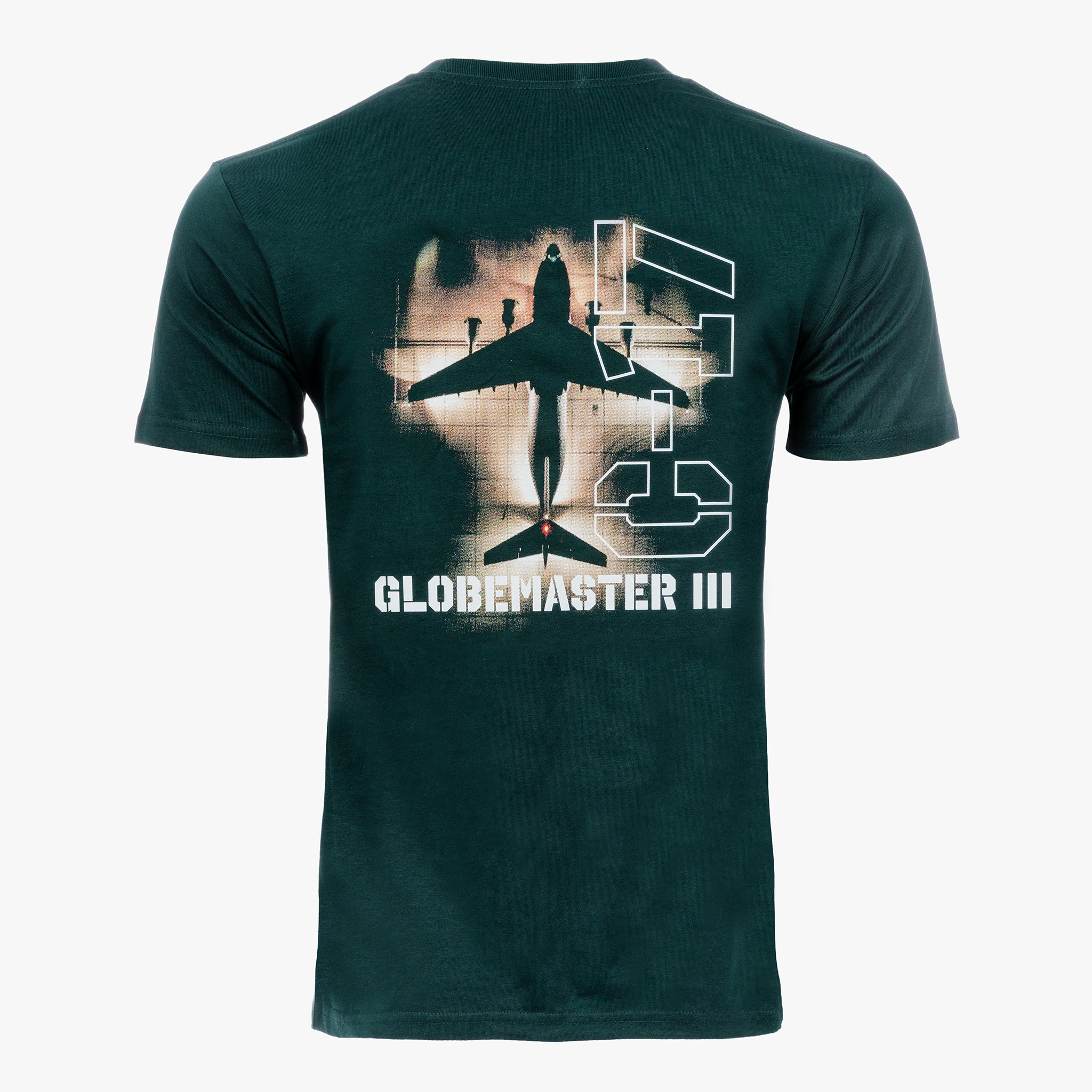 The Boeing C-17 Globemaster III Unisex Graphic T-Shirt by BOEING features a bold above-view graphic of the aircraft in dark green, with its name and large "C17" block text in white on the front.