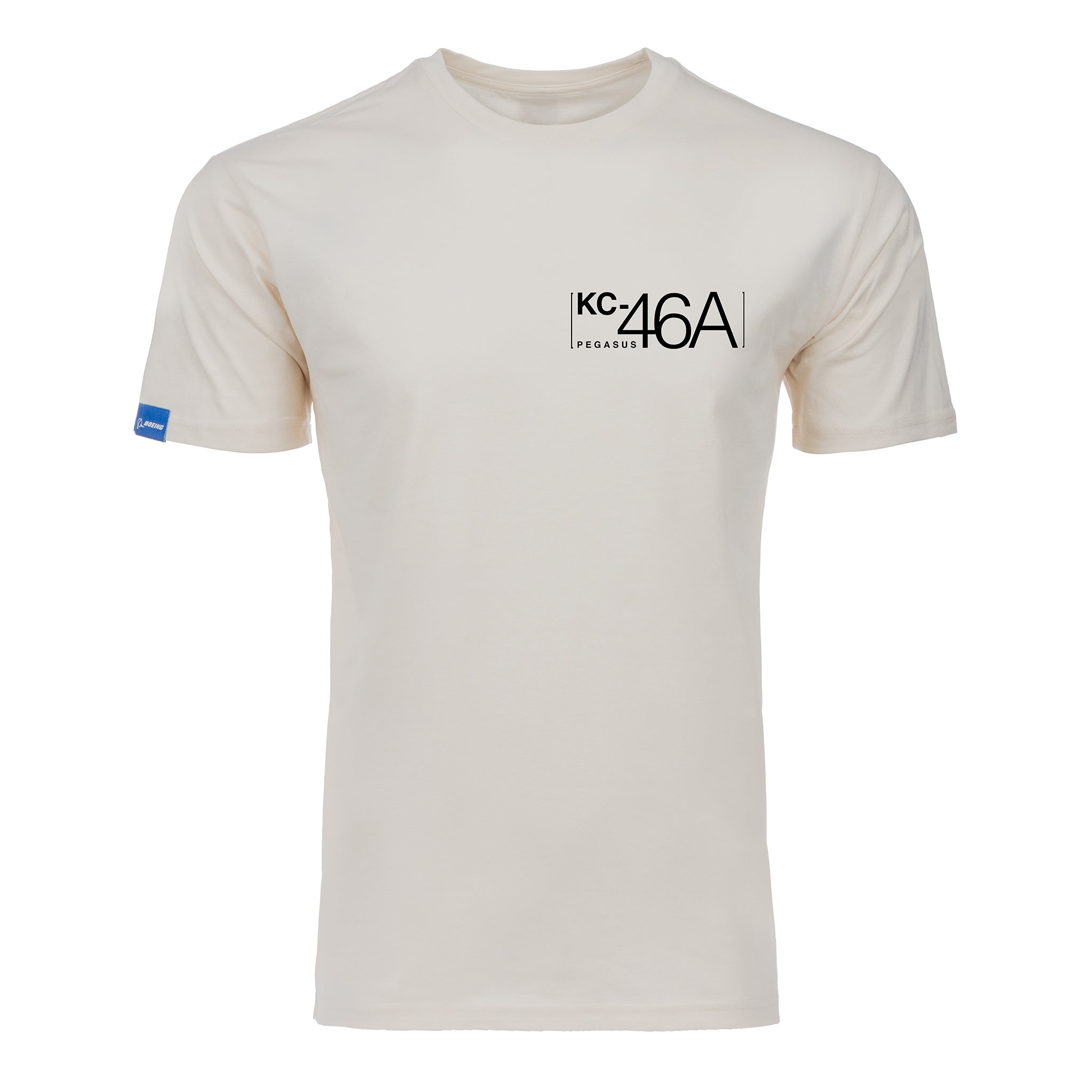 The Boeing KC-46A Pegasus Unisex Graphic T-Shirt by BOEING features "KC-46A PEGASUS" in black on the left chest, a small blue tag on the left sleeve—perfect for aviation enthusiasts and Boeing fans.