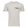 The Boeing KC-46A Pegasus Unisex Graphic T-Shirt by BOEING features "KC-46A PEGASUS" in black on the left chest, a small blue tag on the left sleeve—perfect for aviation enthusiasts and Boeing fans.