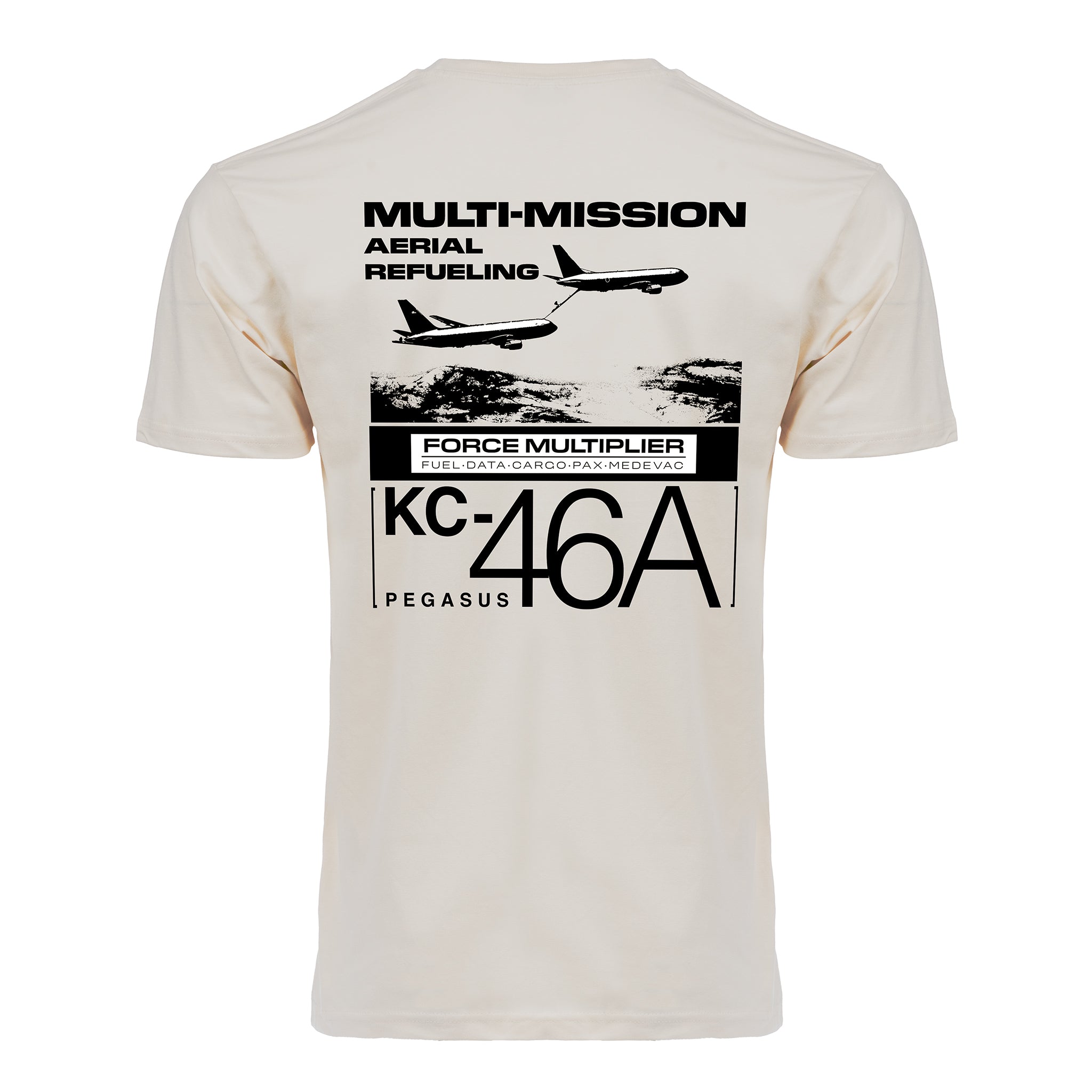 The BOEING KC-46A Pegasus Unisex Graphic T-Shirt features black airplane graphics and bold text—Multi-Mission Aerial Refueling, Force Multiplier, and KC-46A Pegasus—making it perfect for aviation fans.