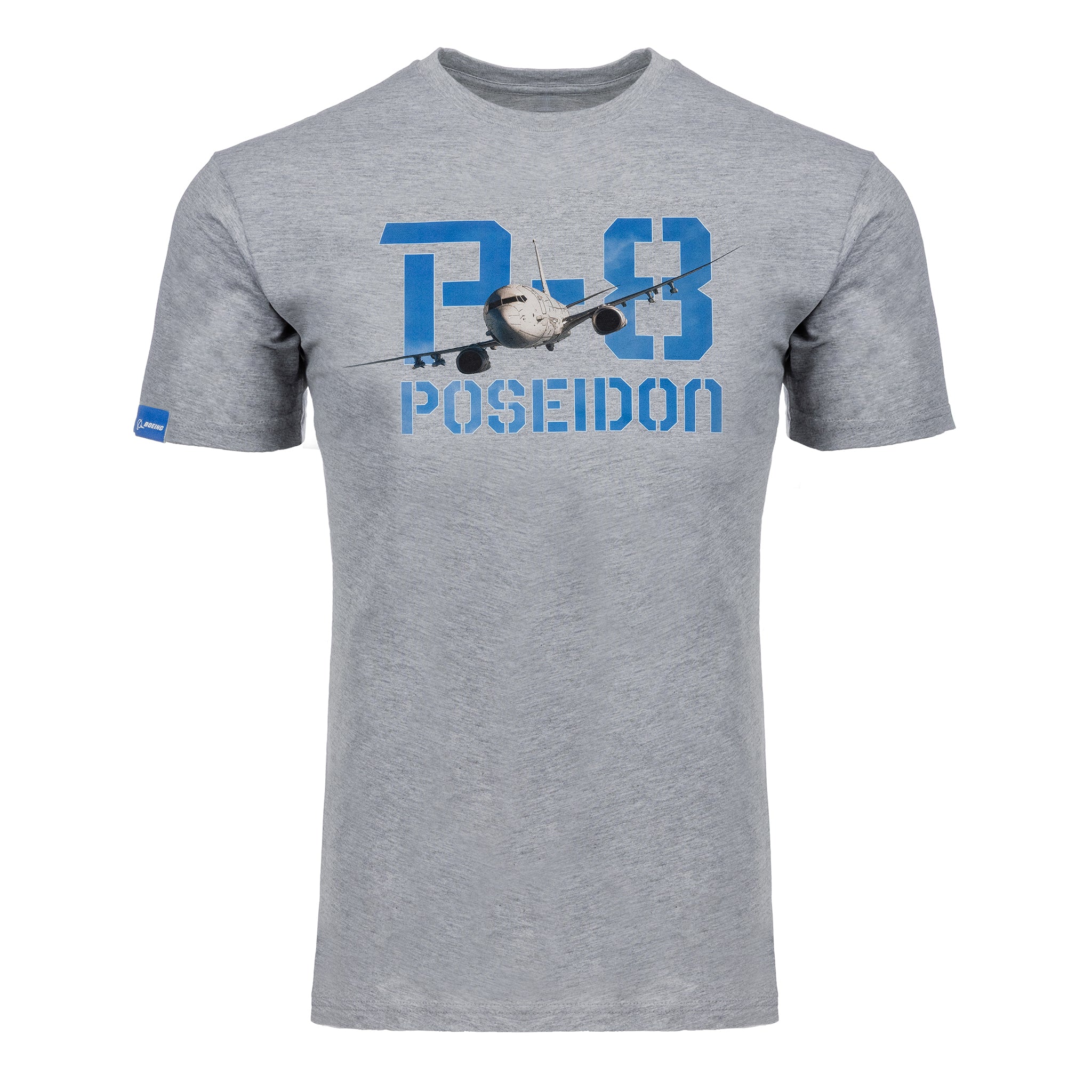 The BOEING P-8A Poseidon Unisex Graphic T-Shirt features a gray design with a Boeing P-8A Poseidon aircraft flying through large blue "P-8" text and "POSEIDON" below in matching blue letters.