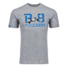 The BOEING P-8A Poseidon Unisex Graphic T-Shirt features a gray design with a Boeing P-8A Poseidon aircraft flying through large blue "P-8" text and "POSEIDON" below in matching blue letters.