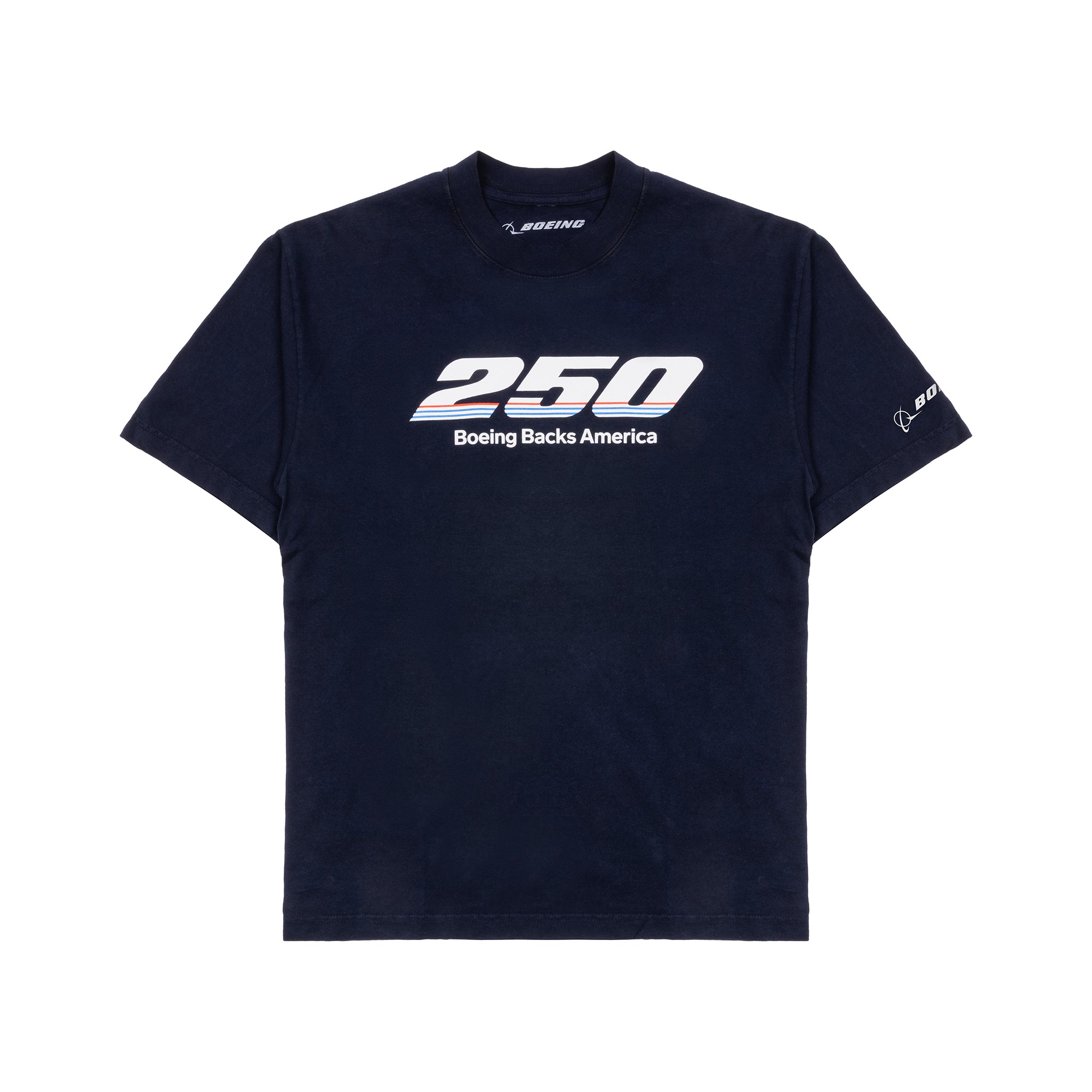 The Boeing America 250 Unisex T-Shirt by BOEING is a limited edition navy tee made from soft USA cotton, featuring "250" in bold white and silver above "Boeing Backs America," plus the Boeing logo on the left sleeve.
