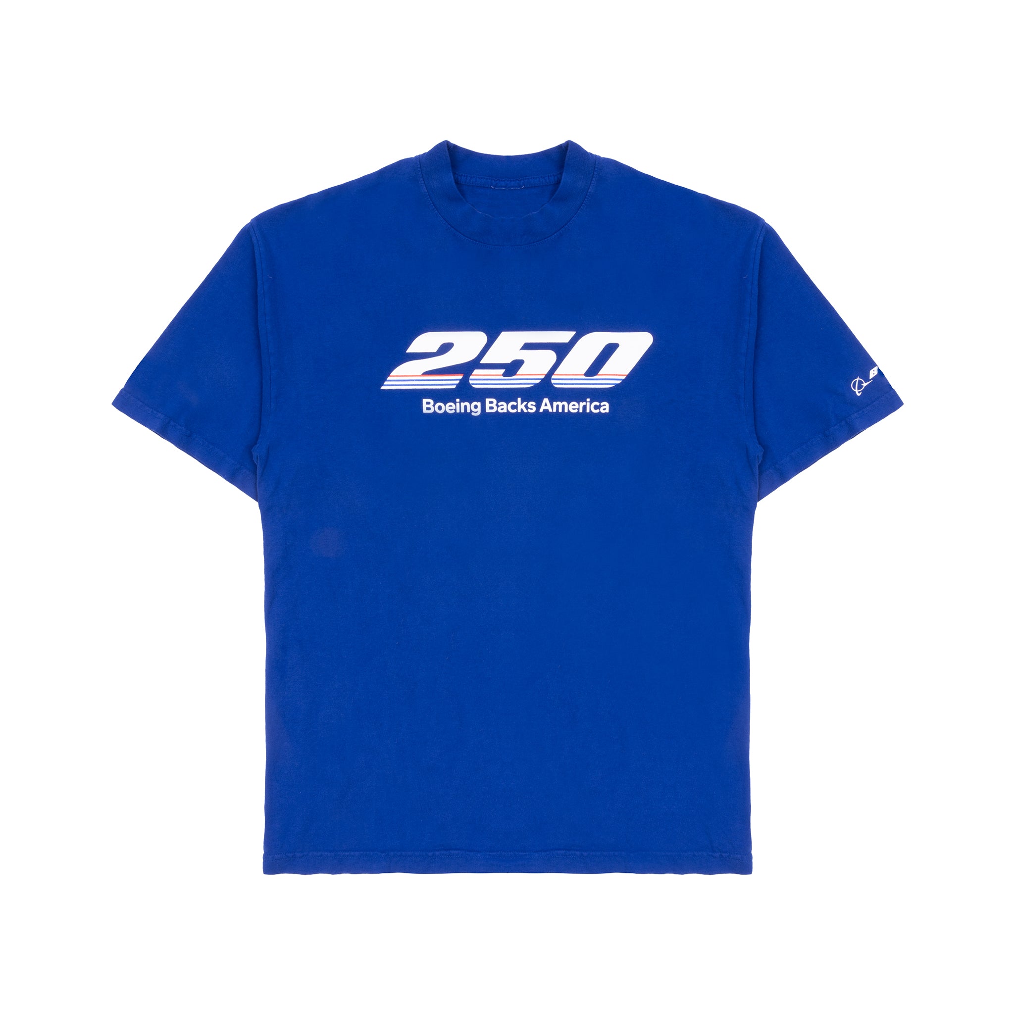 The Boeing America 250 Unisex T-Shirt by BOEING is a blue, limited-edition tee featuring "250 Boeing Backs America" in bold white letters, made from premium USA cotton with a small white sleeve signature.