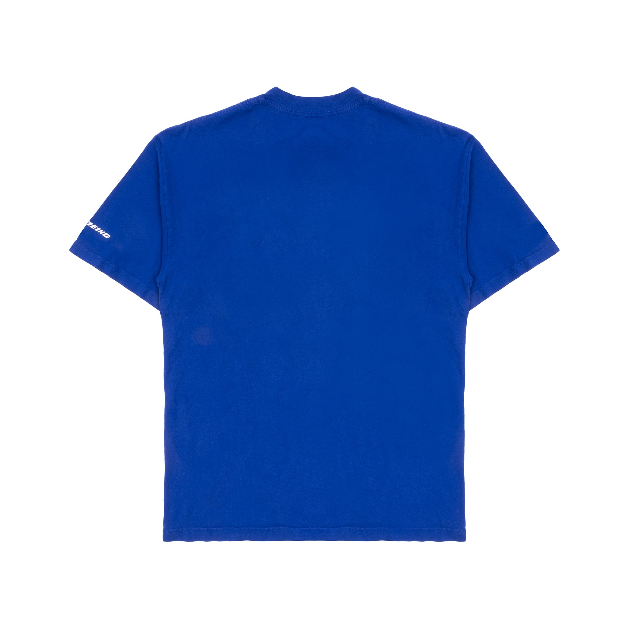 The Boeing America 250 Unisex T-Shirt by BOEING is a royal blue, short-sleeve tee made with premium USA cotton and garment-dyed. Shown from the back on a white background, it features a small white logo on the left sleeve.
