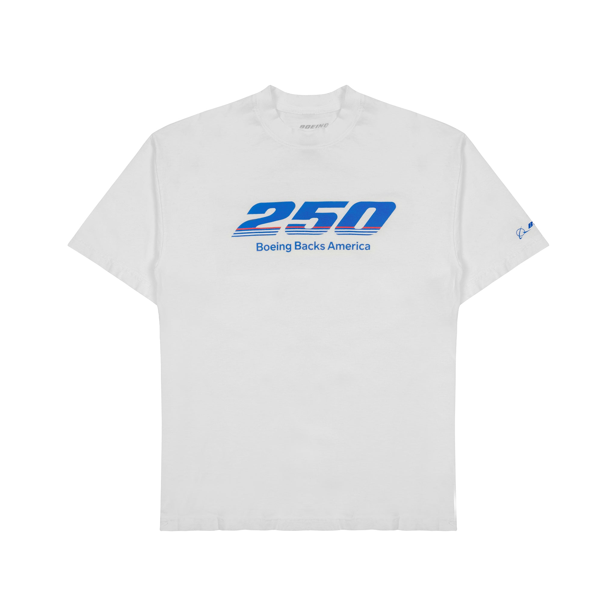 The Boeing America 250 Unisex T-Shirt by BOEING is made from soft USA cotton and features “250” in bold blue above "Boeing Backs America," with an italicized design and a small blue signature on the left sleeve. Limited edition.